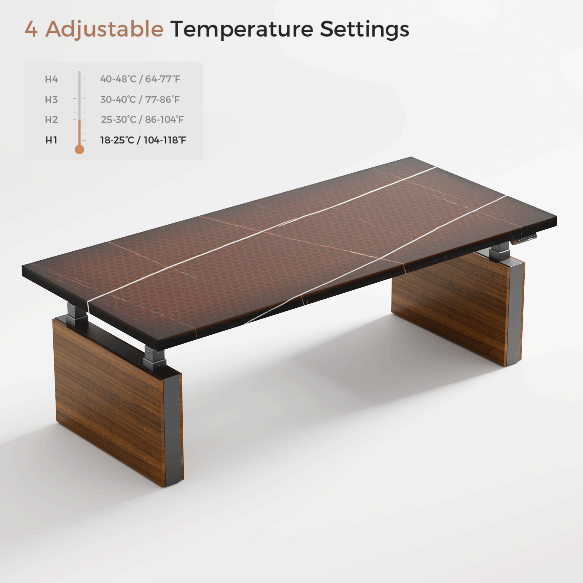 Zen Pro Executive Standing Desk Showcasing 4 Adjustable Temperature Settings With a Brown Sintered Stone Desktop.