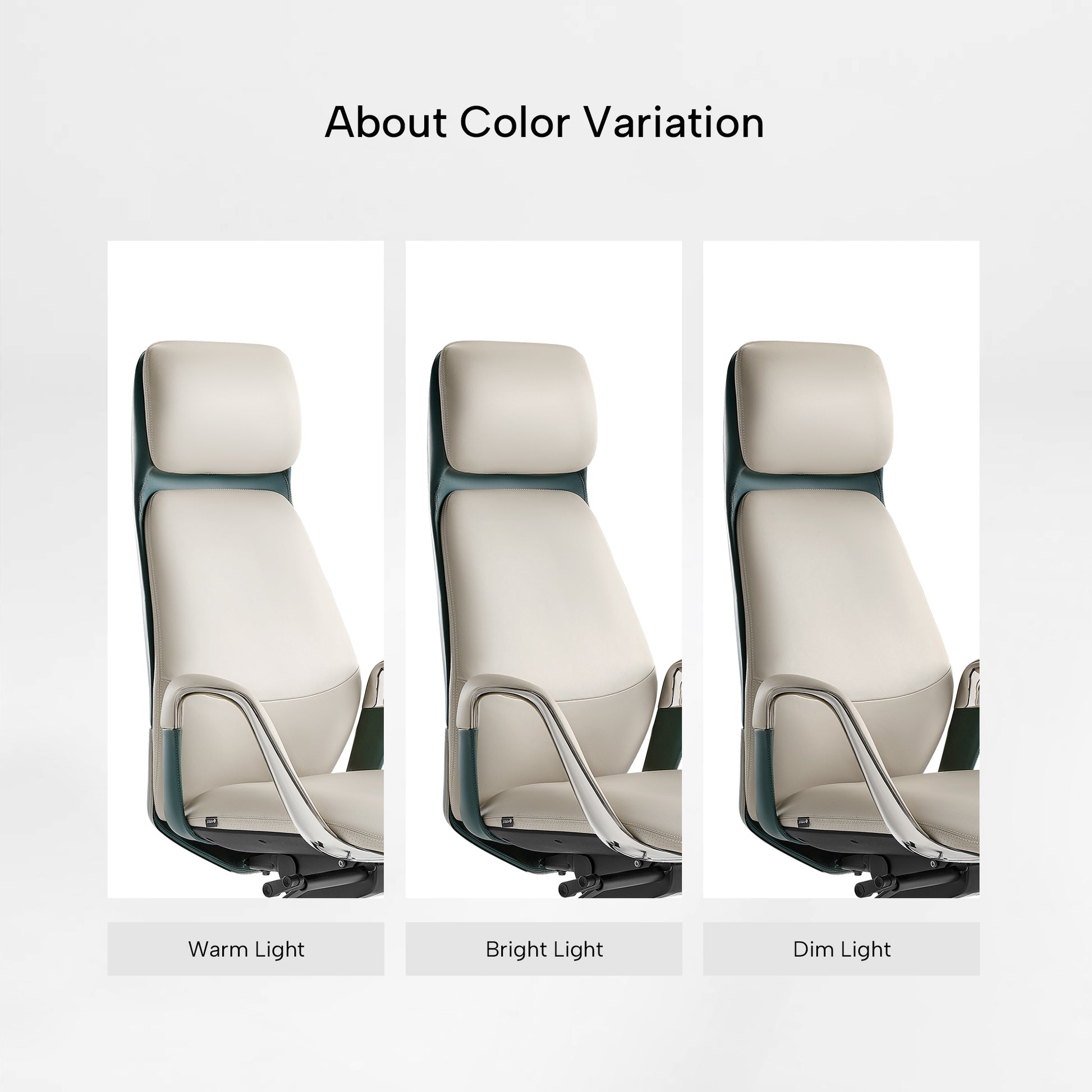 Eureka Ergonomic Serene executive chair in cream and dark green, showing color variation under warm, bright, and dim light conditions.
