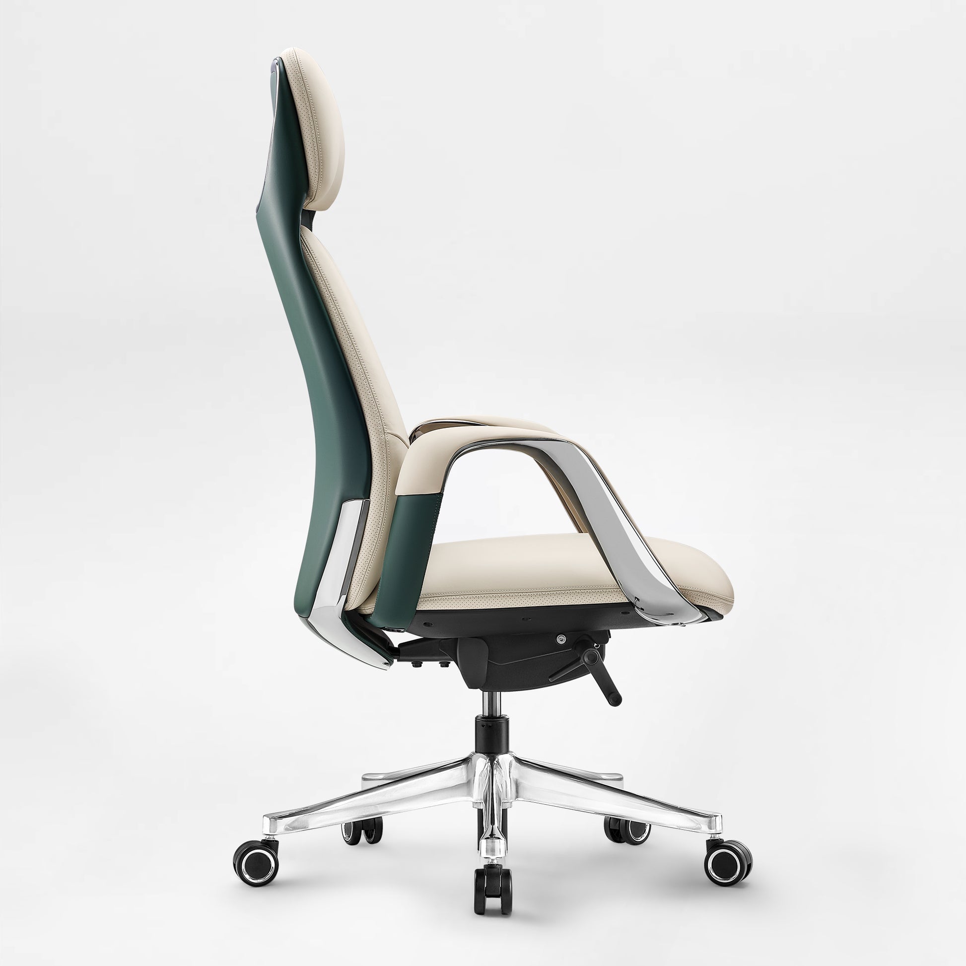 Eureka Ergonomic Serene Napa leather executive office chair in cream and dark green with chrome accents on white background.