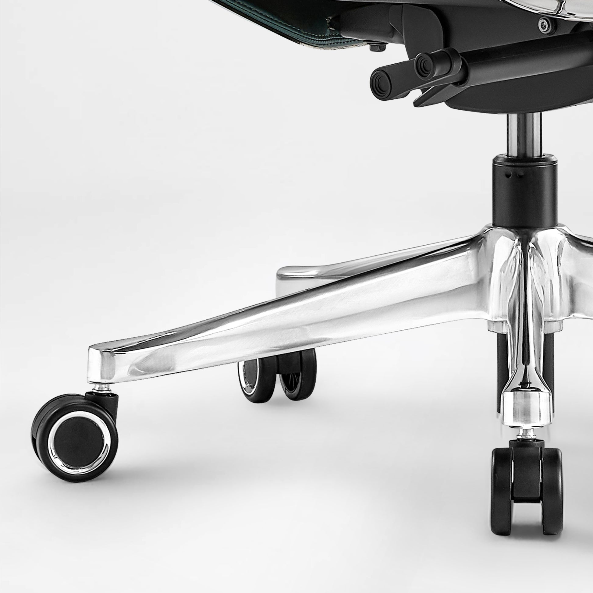 Eureka Ergonomic Serene executive chair chrome base with black casters and adjustment levers.