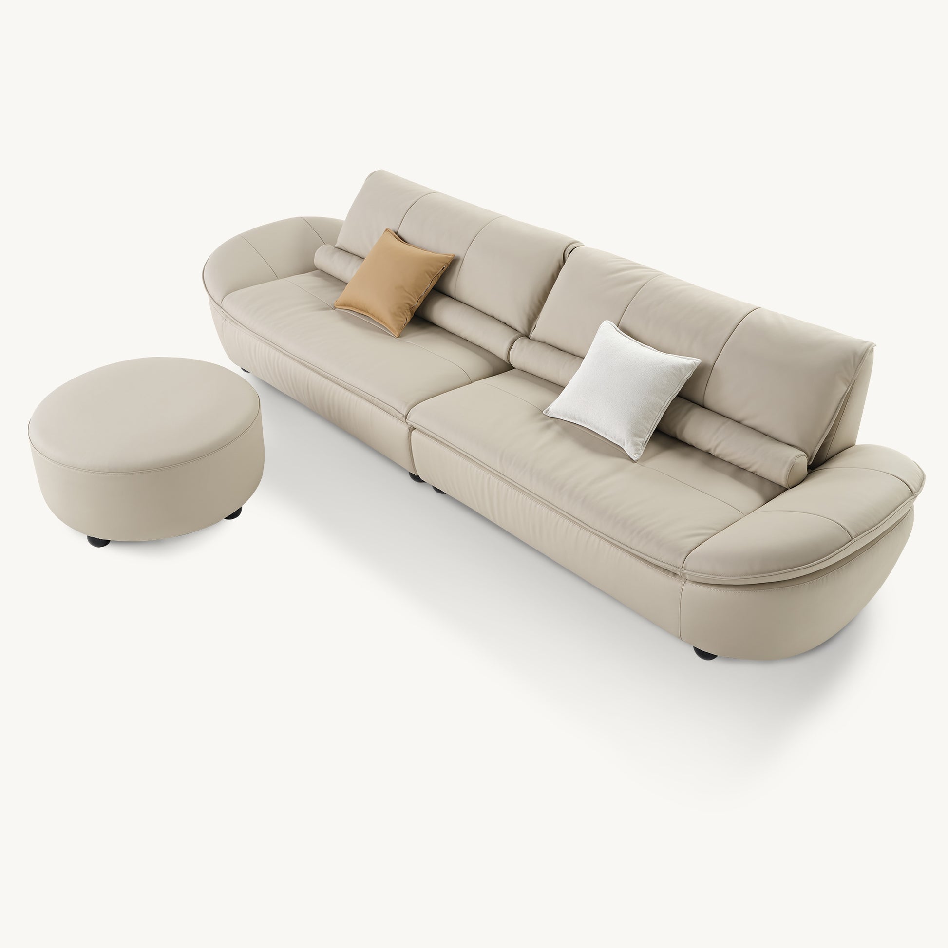 Bella Beige Napa Leather Sofa With Ottoman, Modern Design, Full-Grain Leather.