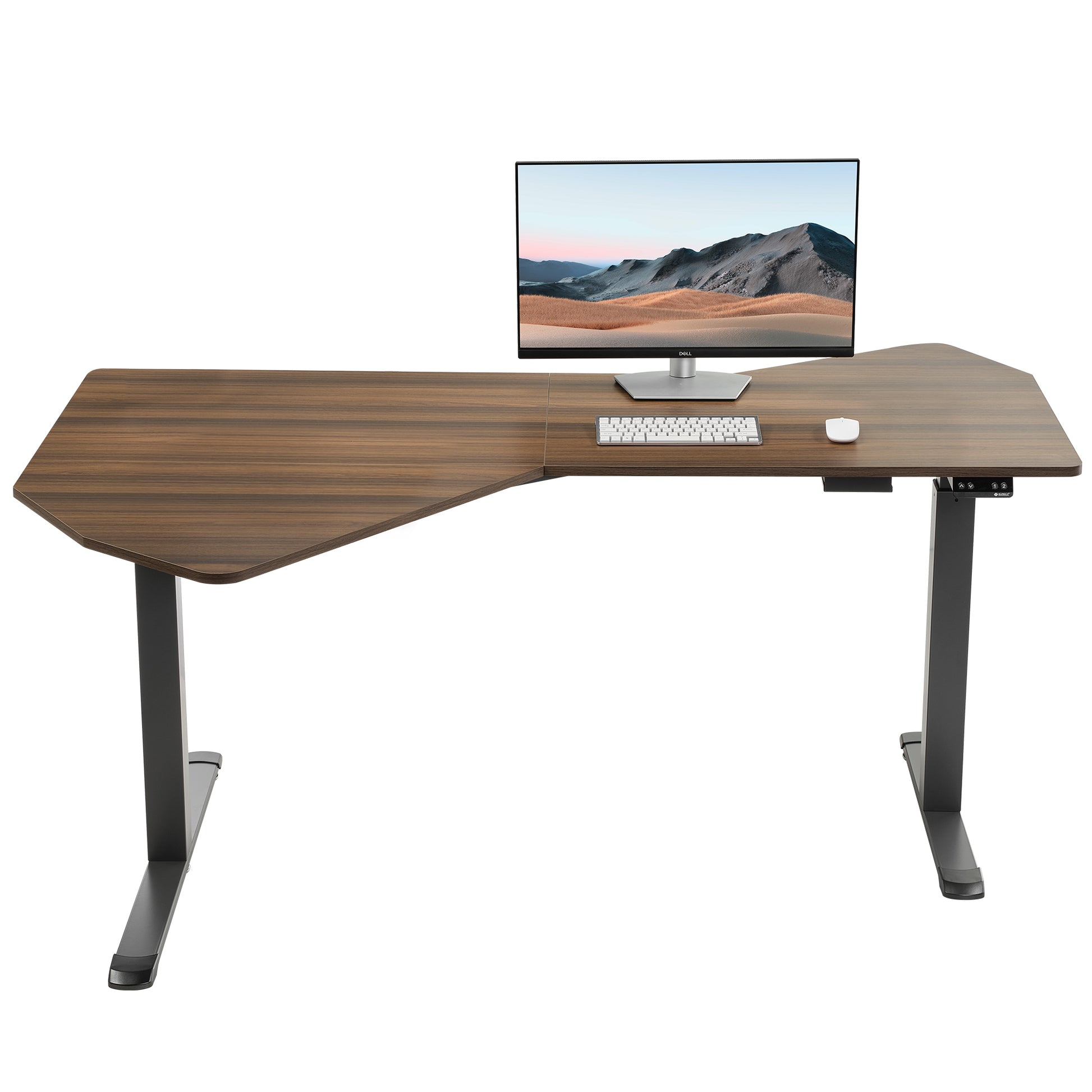 Modern Office Standing Desk With Dark Wood Grain Finish, Adjustable Height, and Monitor, Ergonomic Workspace.