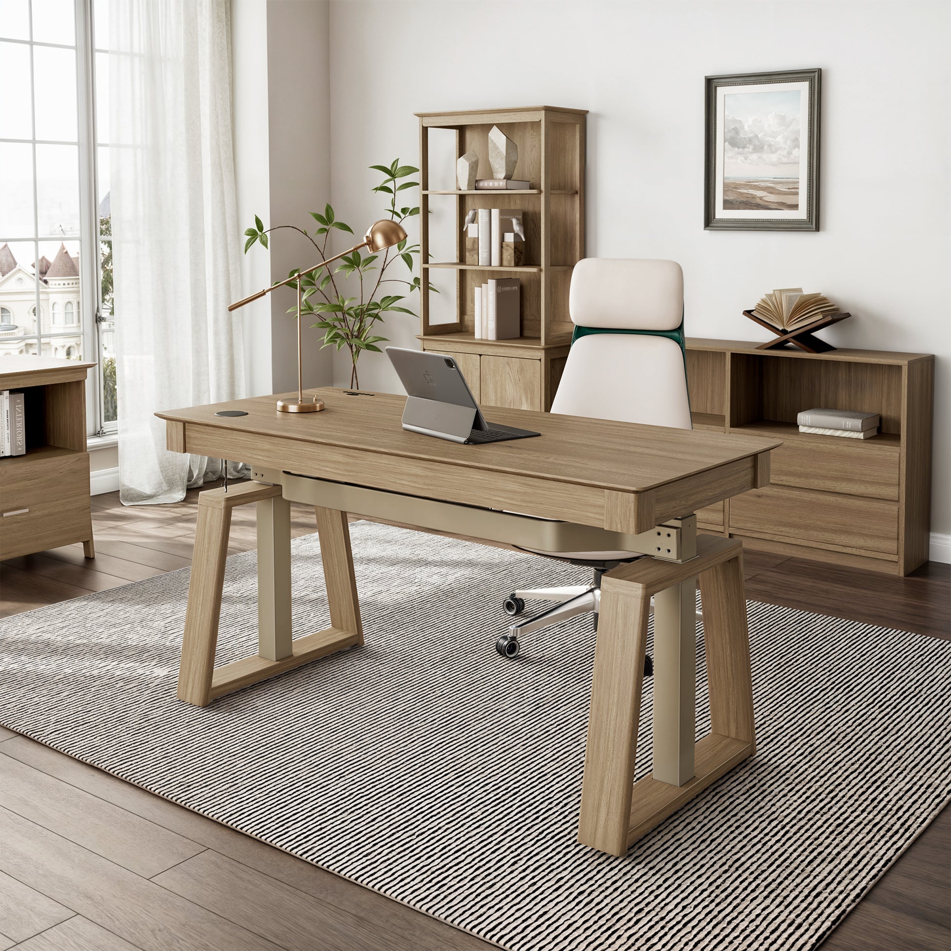 Ark El Executive Standing Desk in Light Brown Wood Finish in a Modern Home Office Setup.