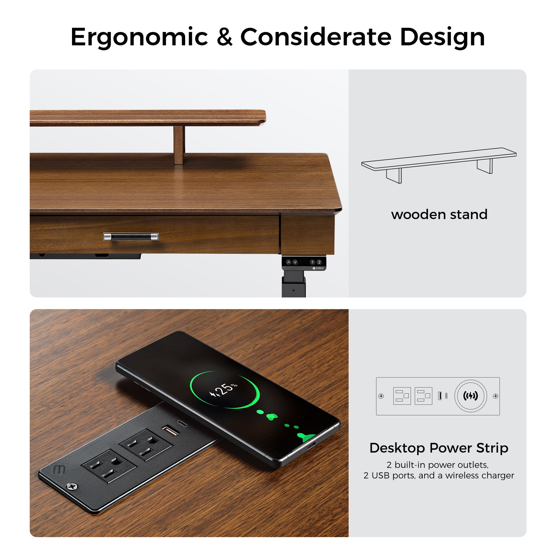 Ergonomic Ark Executive Standing Desk With Wooden Stand, Drawer, and Power Strip With Wireless Charger.