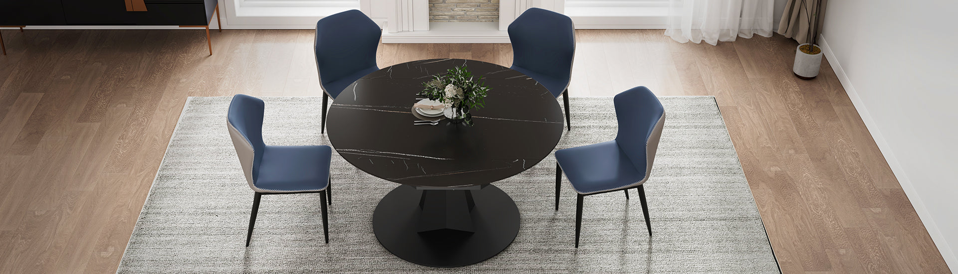 53 inch Black Round Extending Dining Table with Black Base, Clean Lifestyle