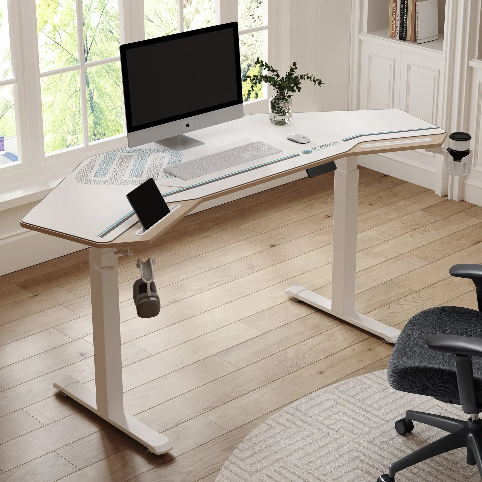 Eureka Ergonomic Aero Pro Wing-Shaped Standing Desk Setup With Accessories in Home Office.