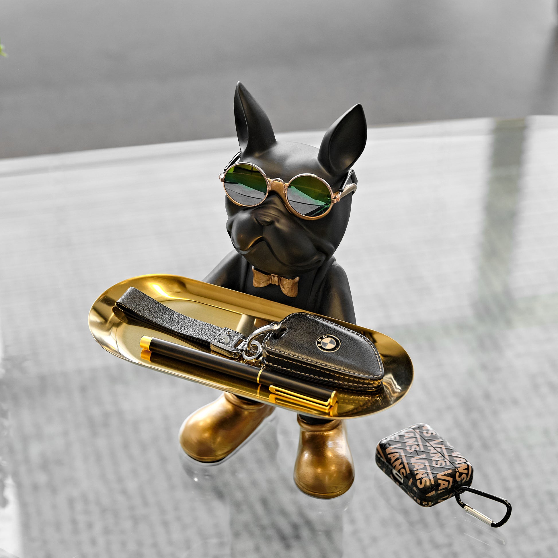 HD-14 Bulldog Statue Storage Tray Ornament, Black Resin, Golden Tray, Sunglasses, Home Decor.