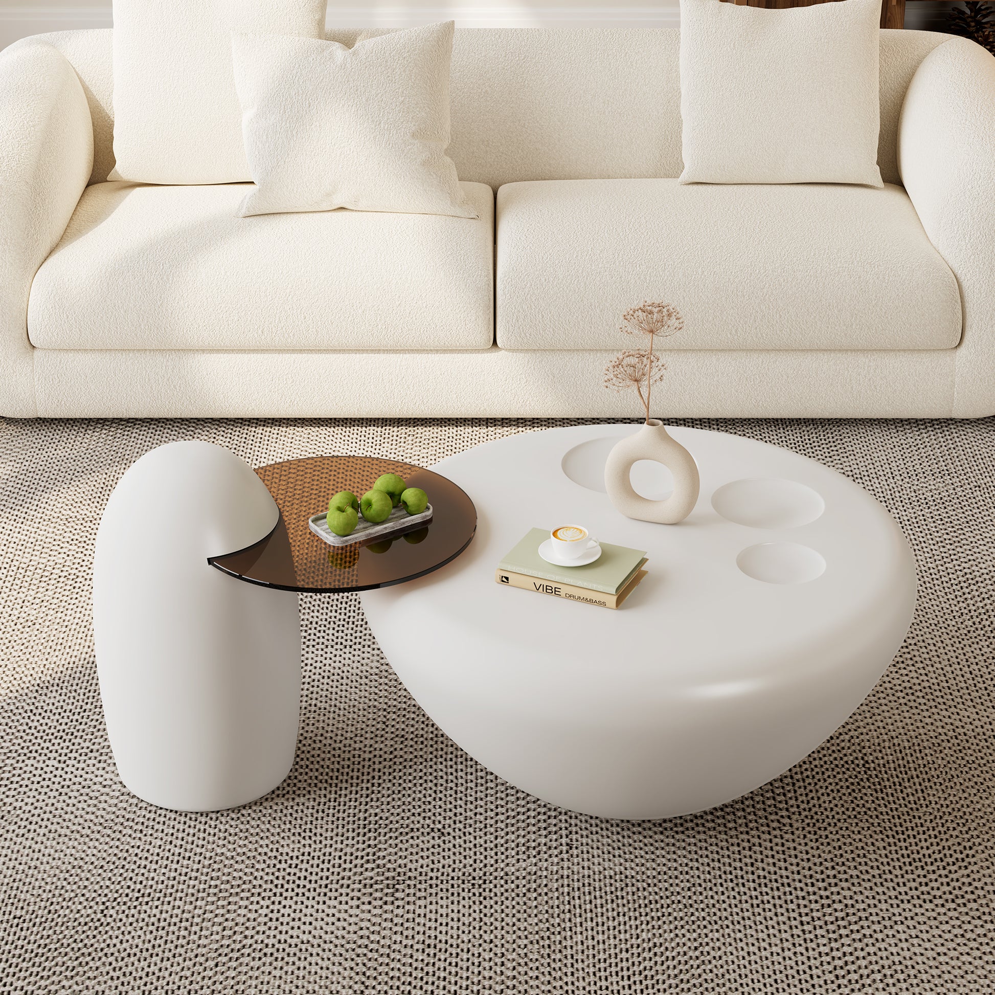 White Cat Claw Coffee Table Set With Penguin Side Table, Modern Living Room Furniture.