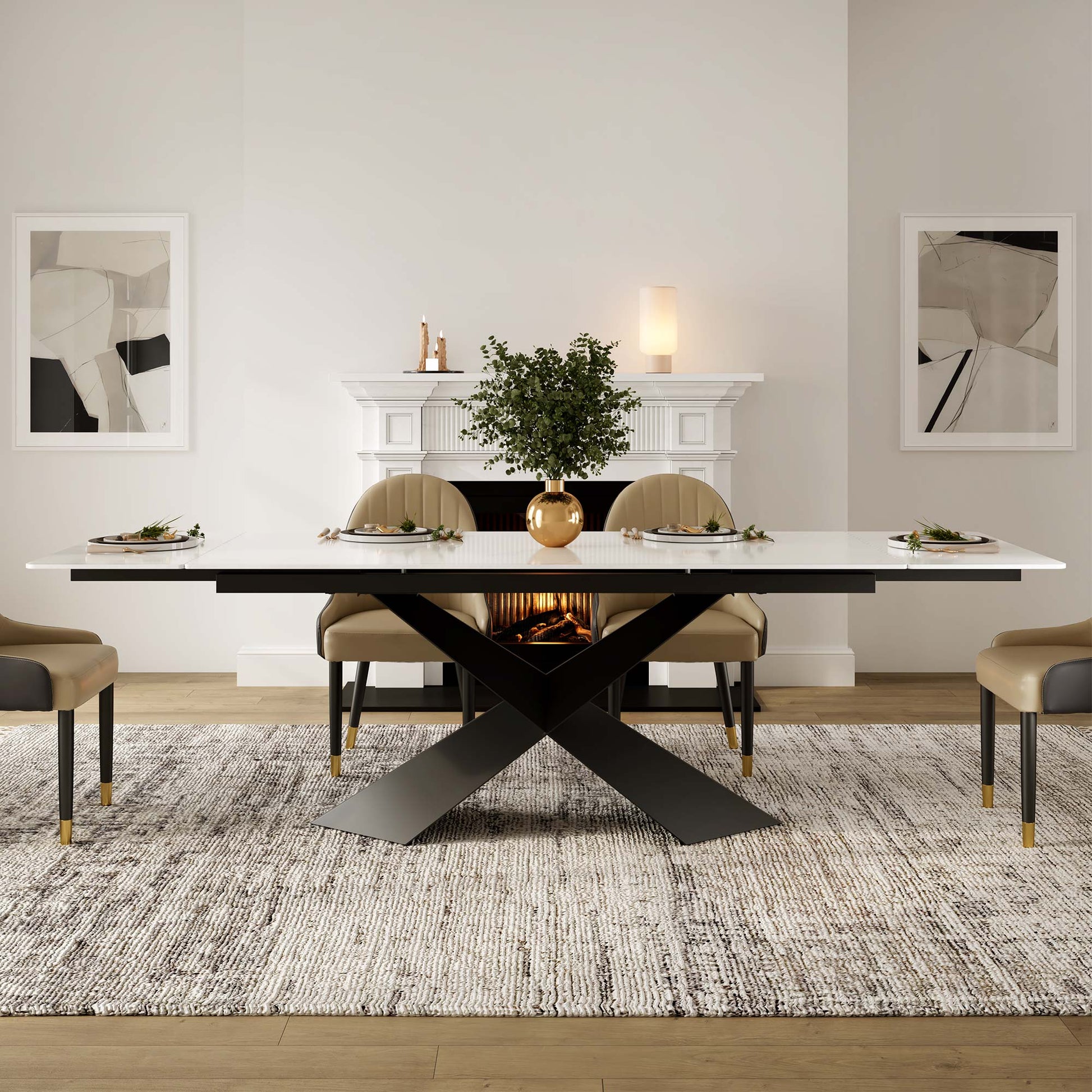 Evelyn Extendable Dining Table With White Sintered Stone Top, Seating Up to 8 Guests, Modern Dining Room.