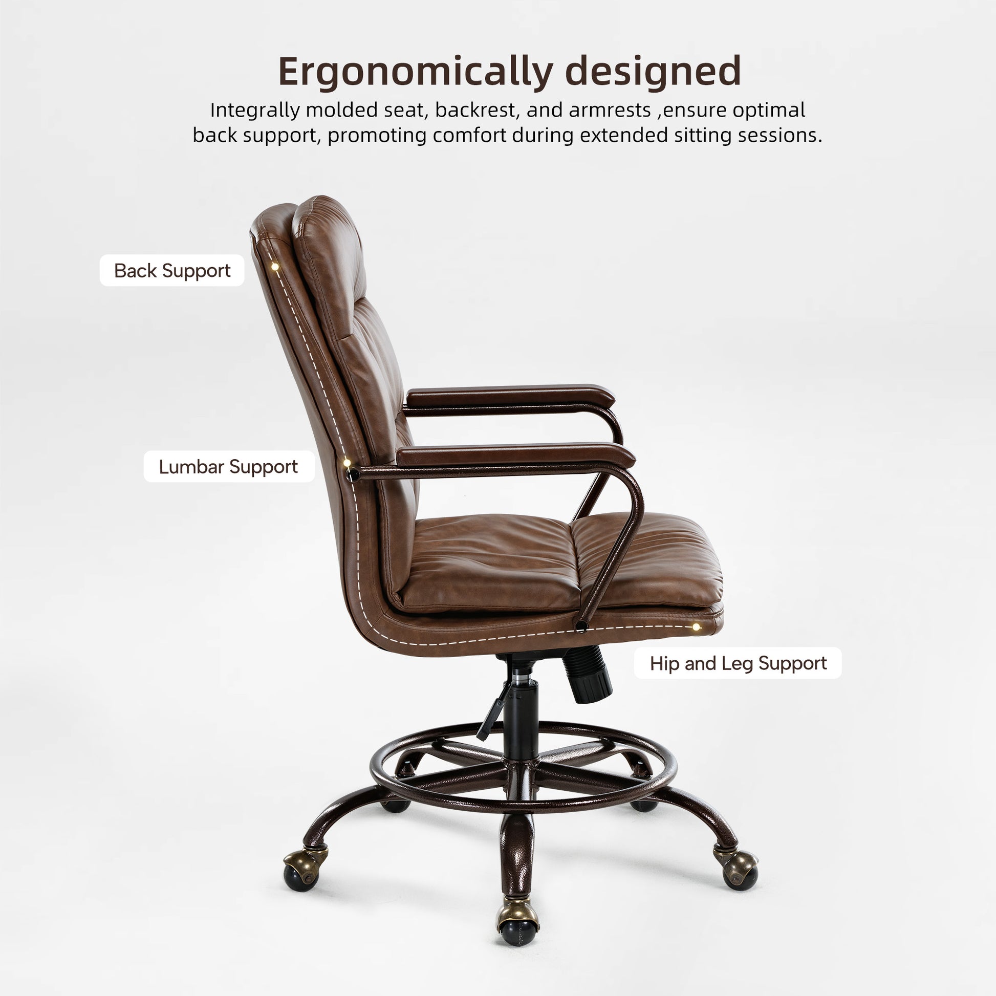 Regal Pu Leather Home Office Chair, Ergonomic Design With Back, Lumbar, and Hip Support, Brown Upholstery, Metal Frame.