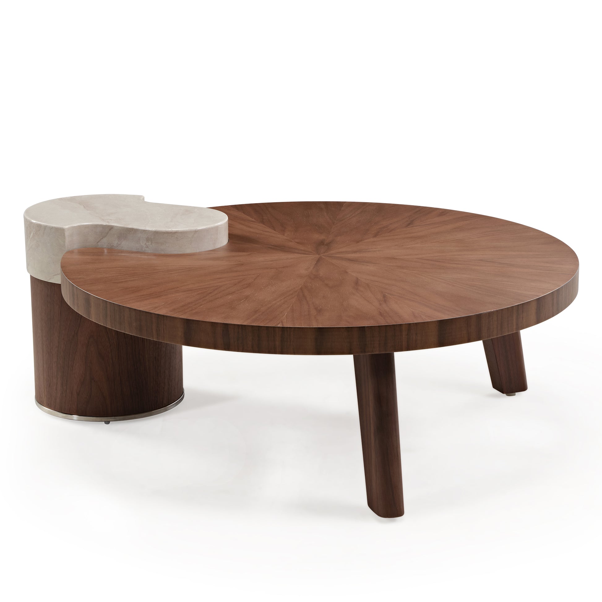 41 Irregular Round Walnut Coffee Table With Marble Accent, a Modern Design.