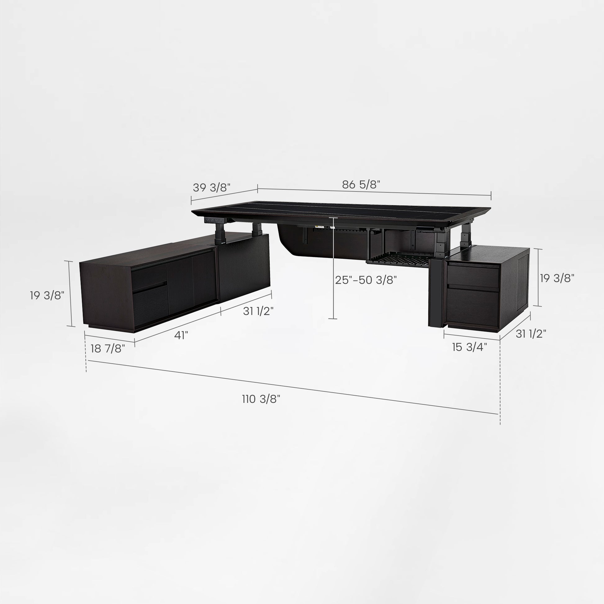 Zen Classic Executive Standing Desk With Measurements, Dark Wood Finish, and Integrated Storage By Eureka Ergonomic.