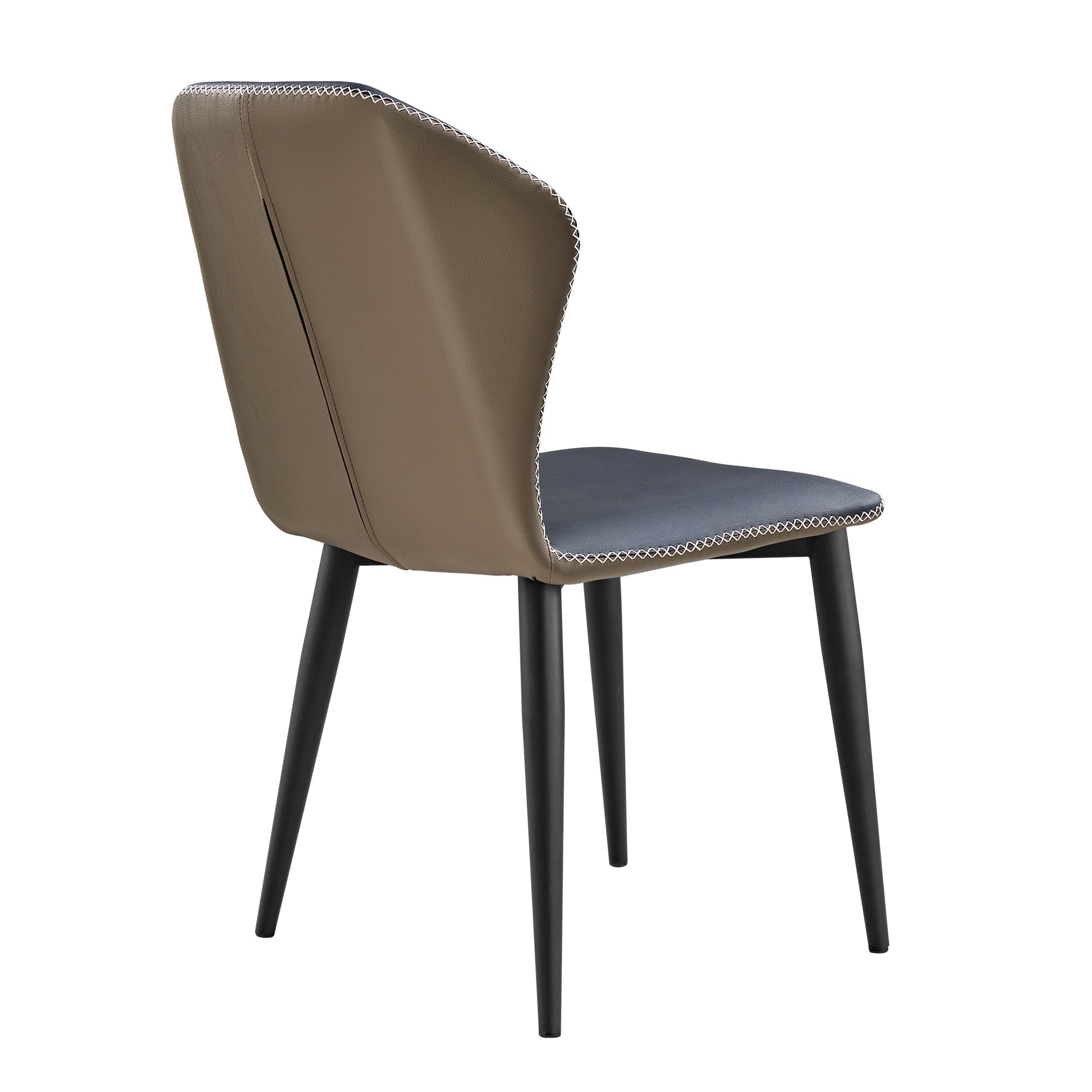 Modern Dining Chair, Two-Tone Design With Black Legs, Gray-Brown Back and Dark Blue Seat With White Stitching.