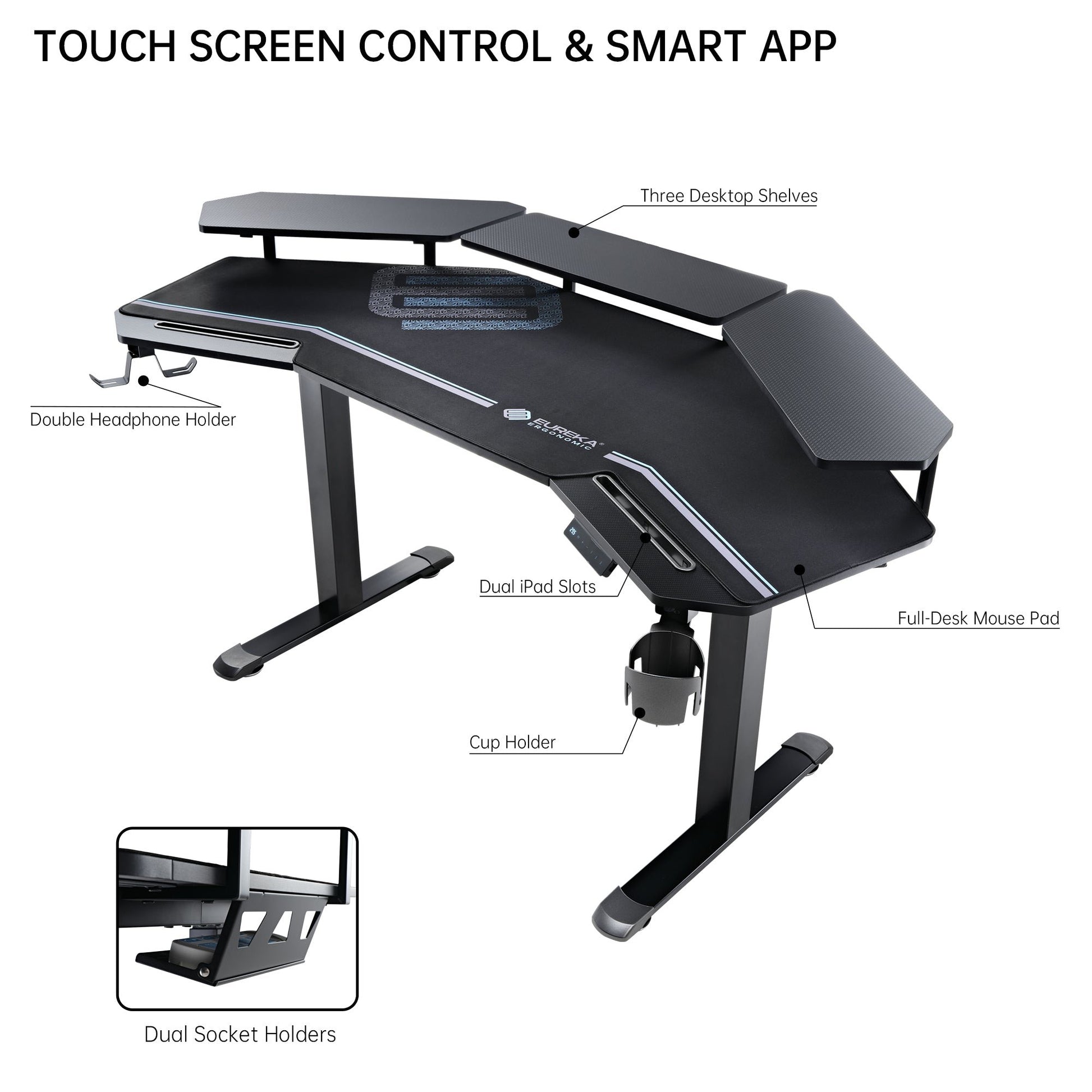 Eureka Ergonomic Aero Pro Standing Desk With Touch Screen Control, Black Gaming Desk With Accessories.
