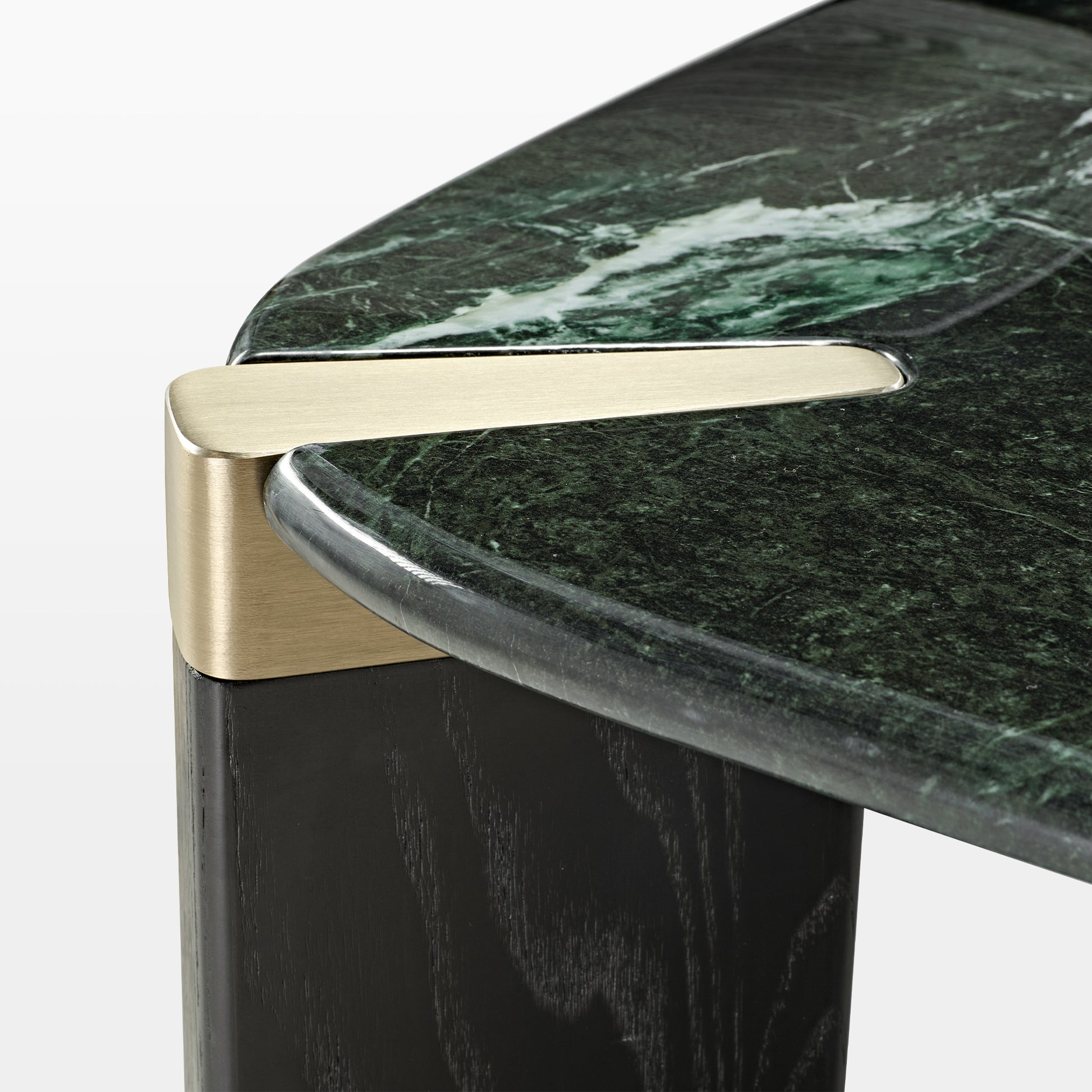 Close-Up of Prada Green Marble Coffee Table Set Corner, Highlighting Green Marble Surface and Gold Accents.