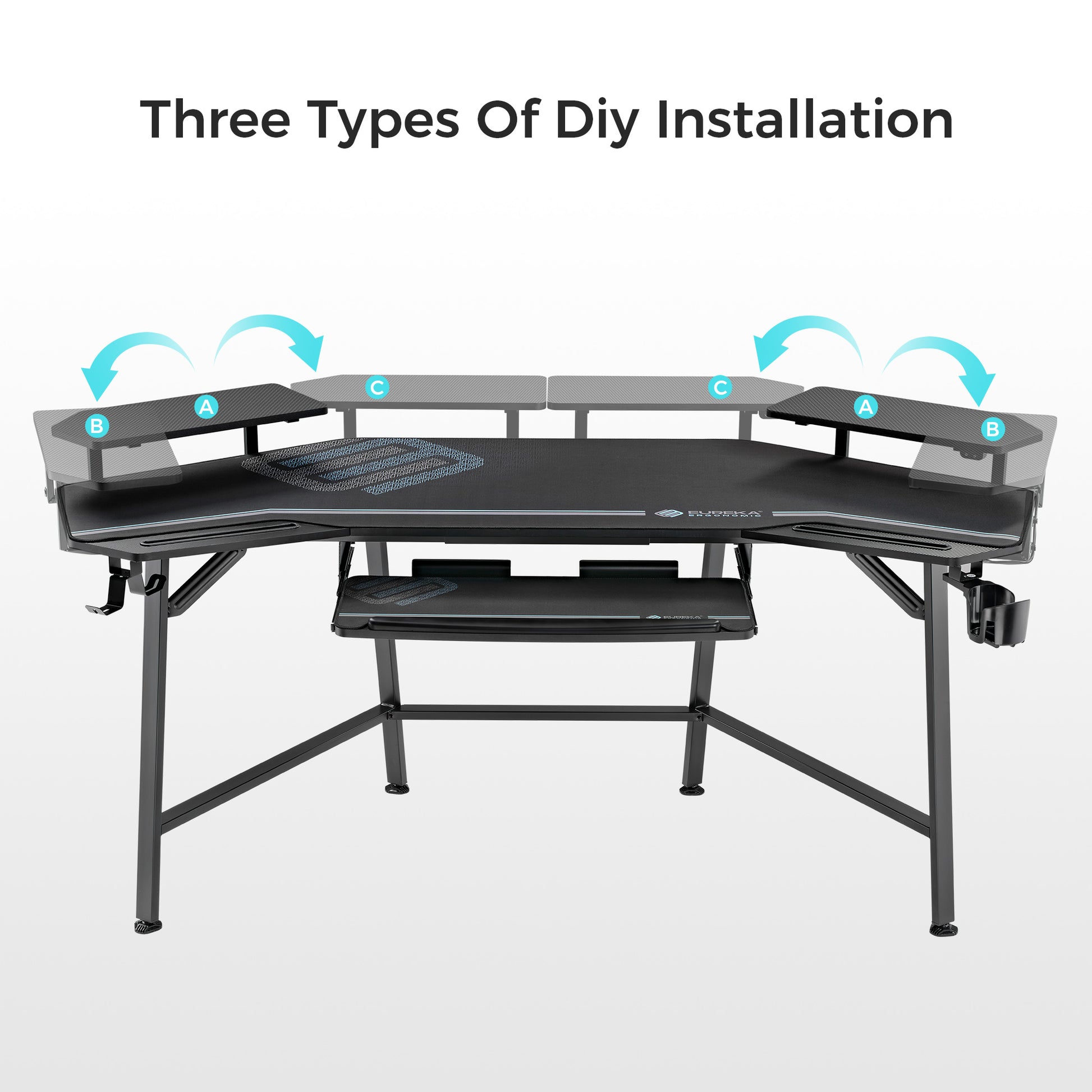 Eureka Ergonomic Black wing desk, three DIY installation options for adjustable monitor riser sections A, B, C.