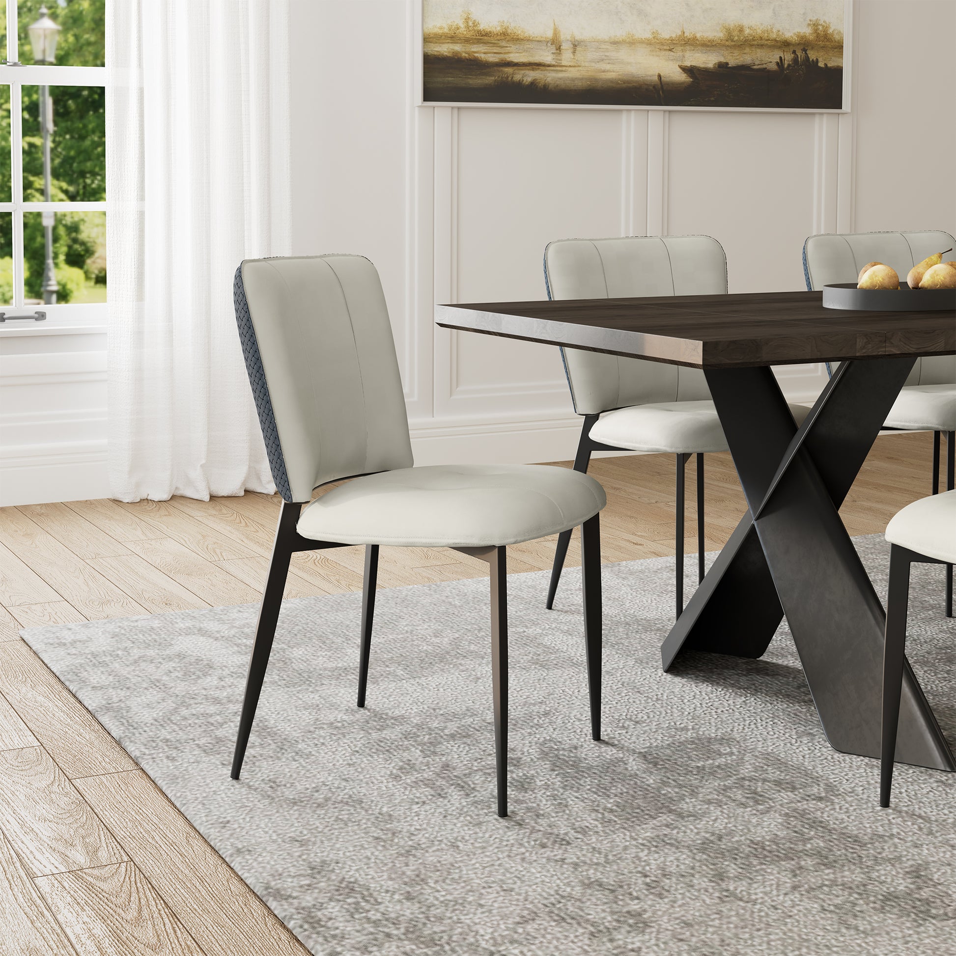Aspen Upholstered Dining Chairs, Off-White Leather, Indigo Blue Woven Detail, Black Frame, Modern Dining Room Furniture.