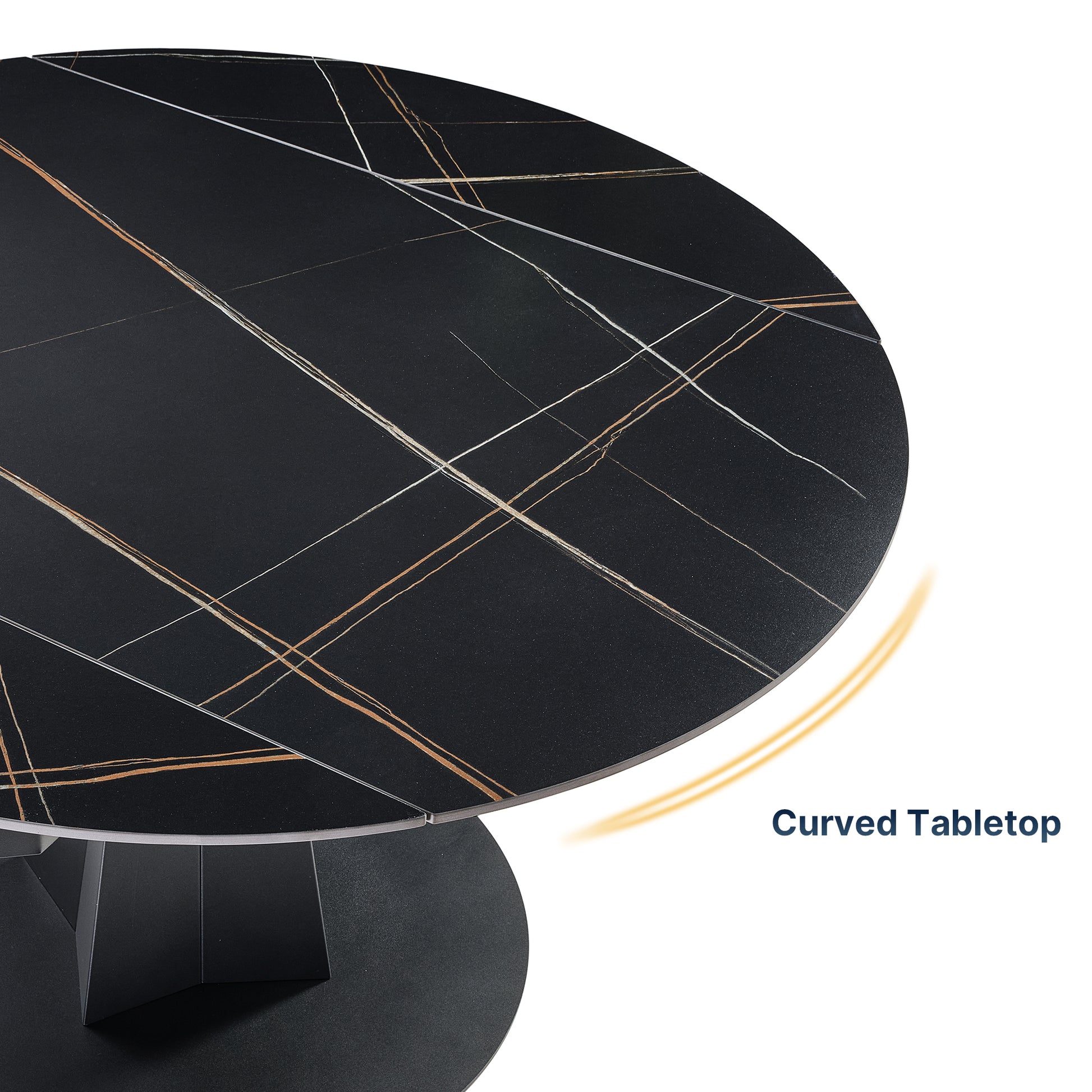 Amelia Round Extending Dining Table, Black Granite-Style Tabletop With Curved Edge, Modern Design.