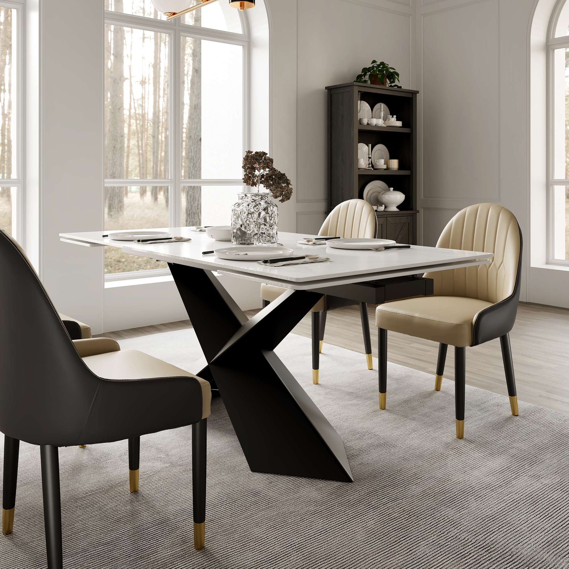 Evelyn Extendable Dining Table With White Top and Black X-Shaped Legs, Modern Dining Set.