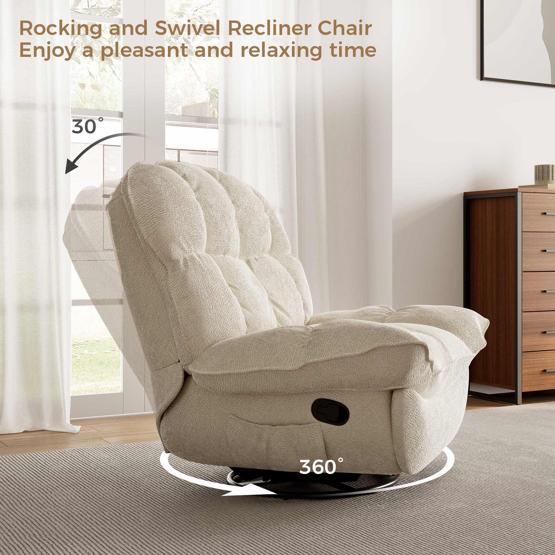 Grayson Rocking and Swivel Recliner Chair, Beige Chenille Fabric, 360° Swivel, Comfortable Relaxation.