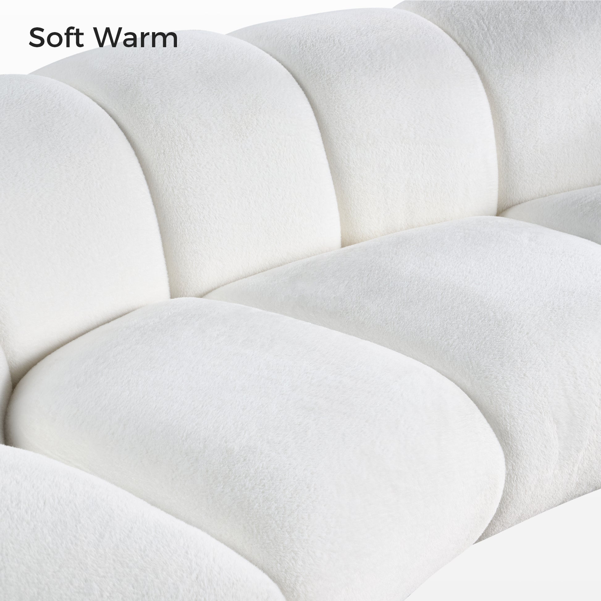 Adele Modern Curved Sofa Detail, Soft Warm White Plush Fabric, Comfortable Texture.