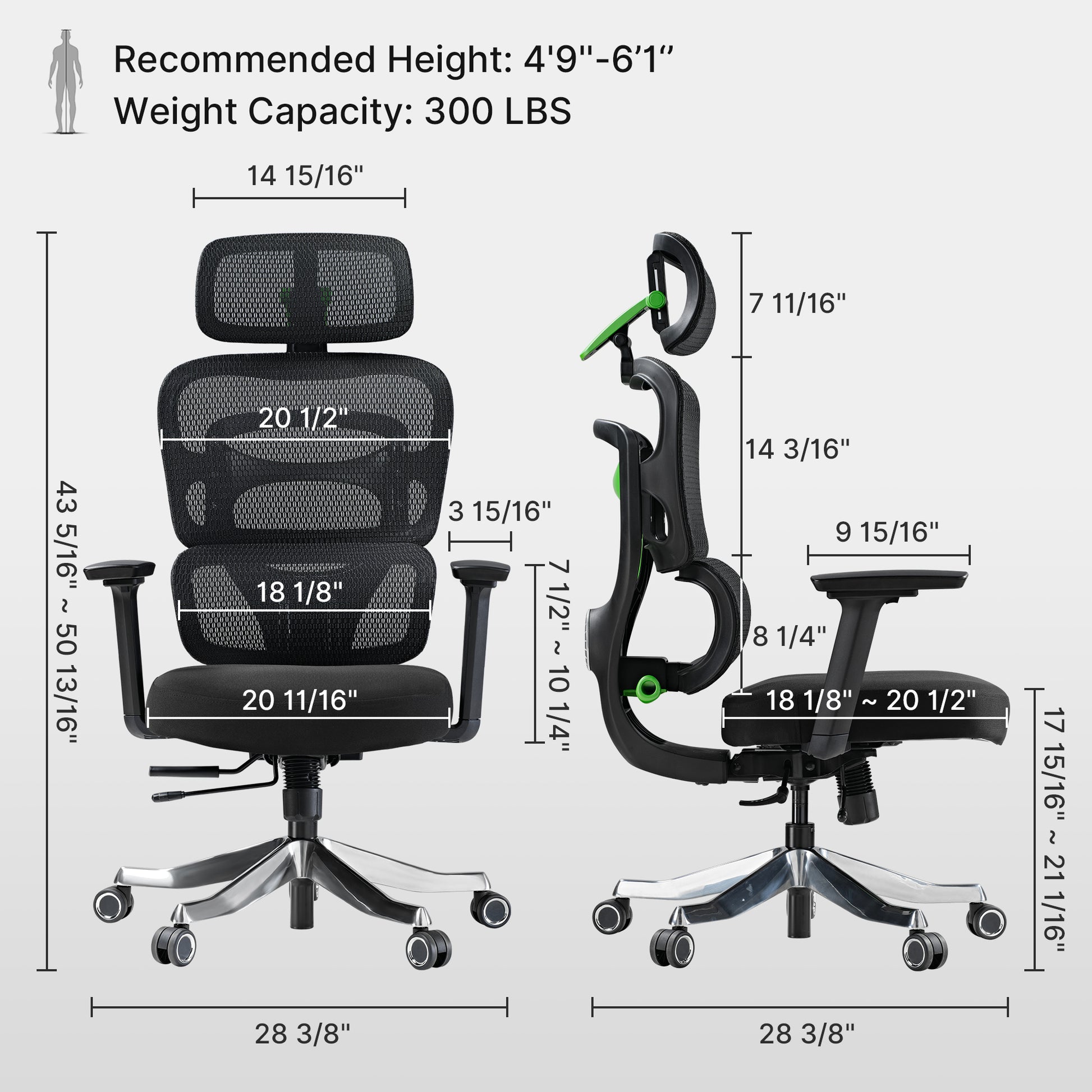 Axion Ergonomic Hybrid Chair With Measurements, Ergonomic Design, Black Mesh Back, Gaming Chair.