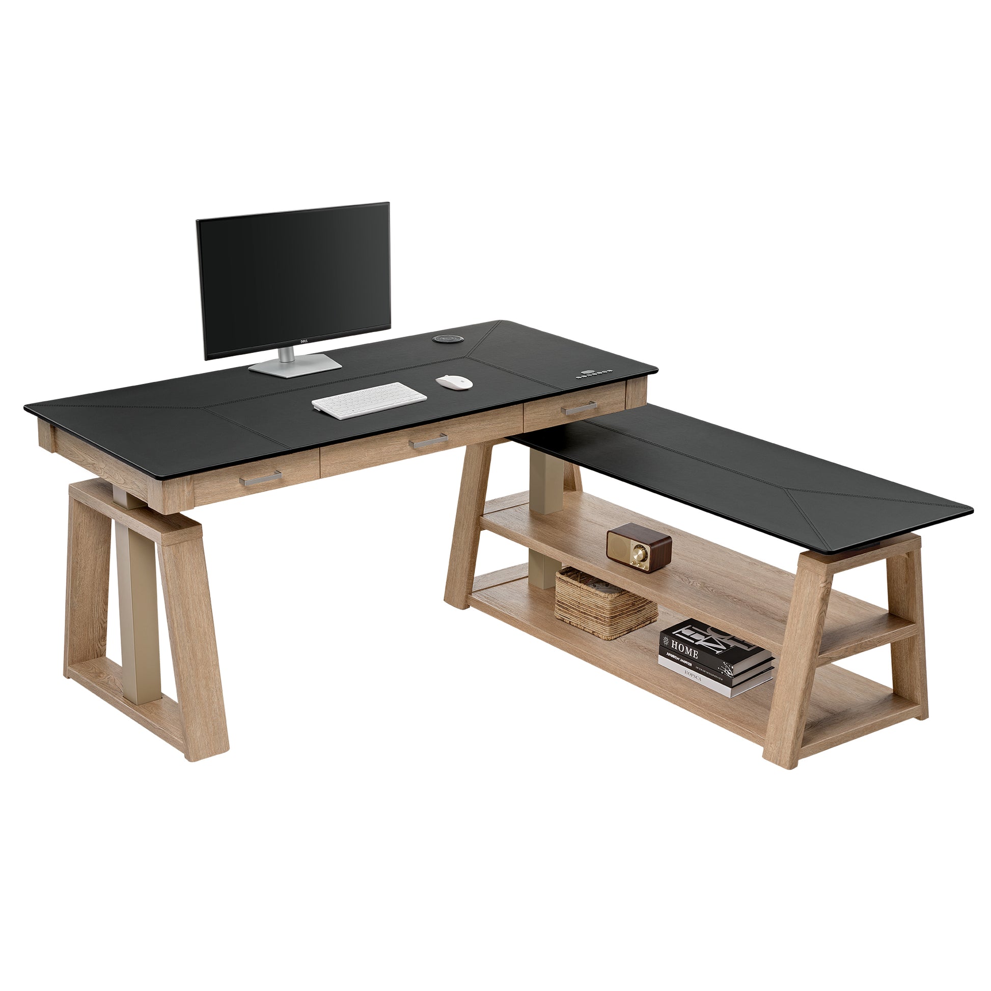 Ark Ex Executive Standing Desk With Black Desktop, Oak Veneer Base, and Integrated Storage, Modern Office Design.