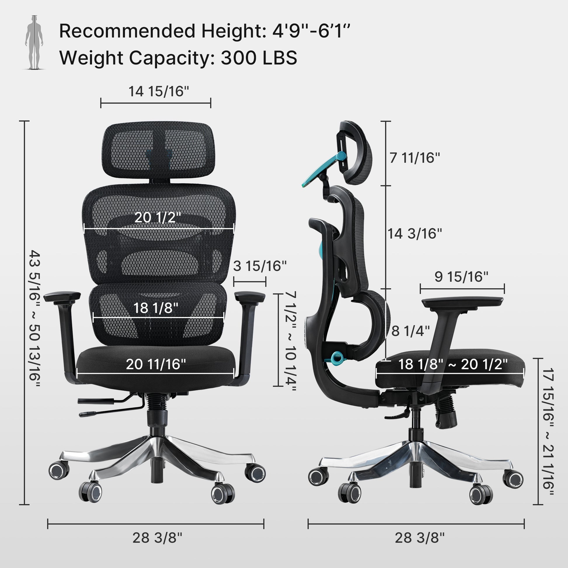 Axion Ergonomic Hybrid Chair With Measurements, Black Mesh Back, Ergonomic Design, Gaming Chair.