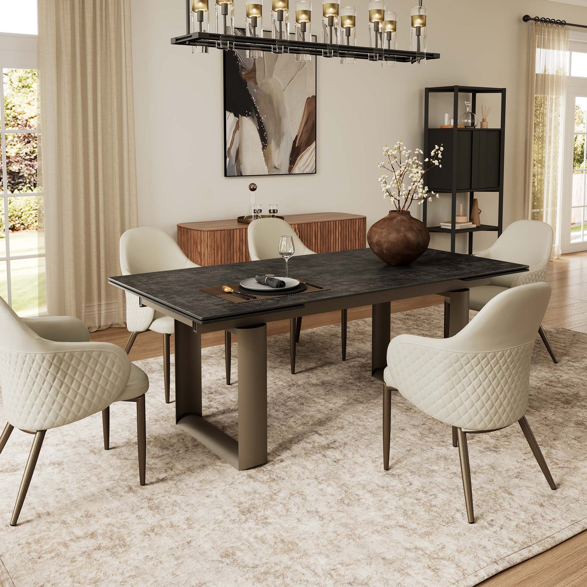 Acalay Beige Dining Arm Chairs Set of 6 With Diamond Stitching, Modern Dining Room.