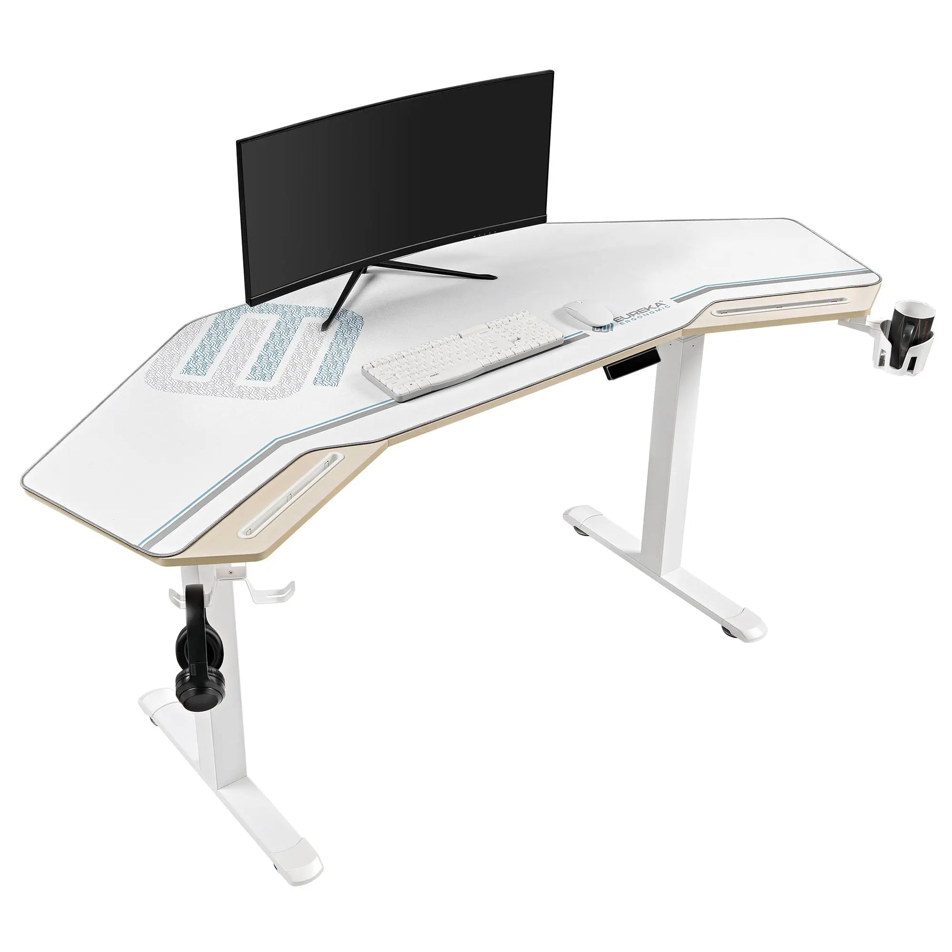 Eureka Ergonomic Aero Pro Wing-Shaped Standing Desk Setup With Accessories and a Monitor.