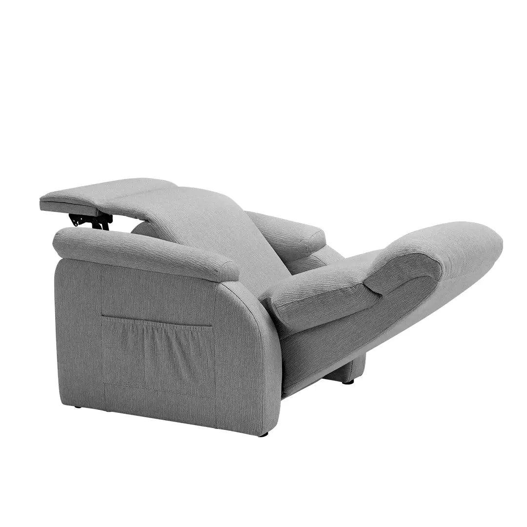 Grey Henry-Armrest Power Recliner Chair in Reclined Position, Cotton-Linen Fabric With Headrest and Side Pocket.