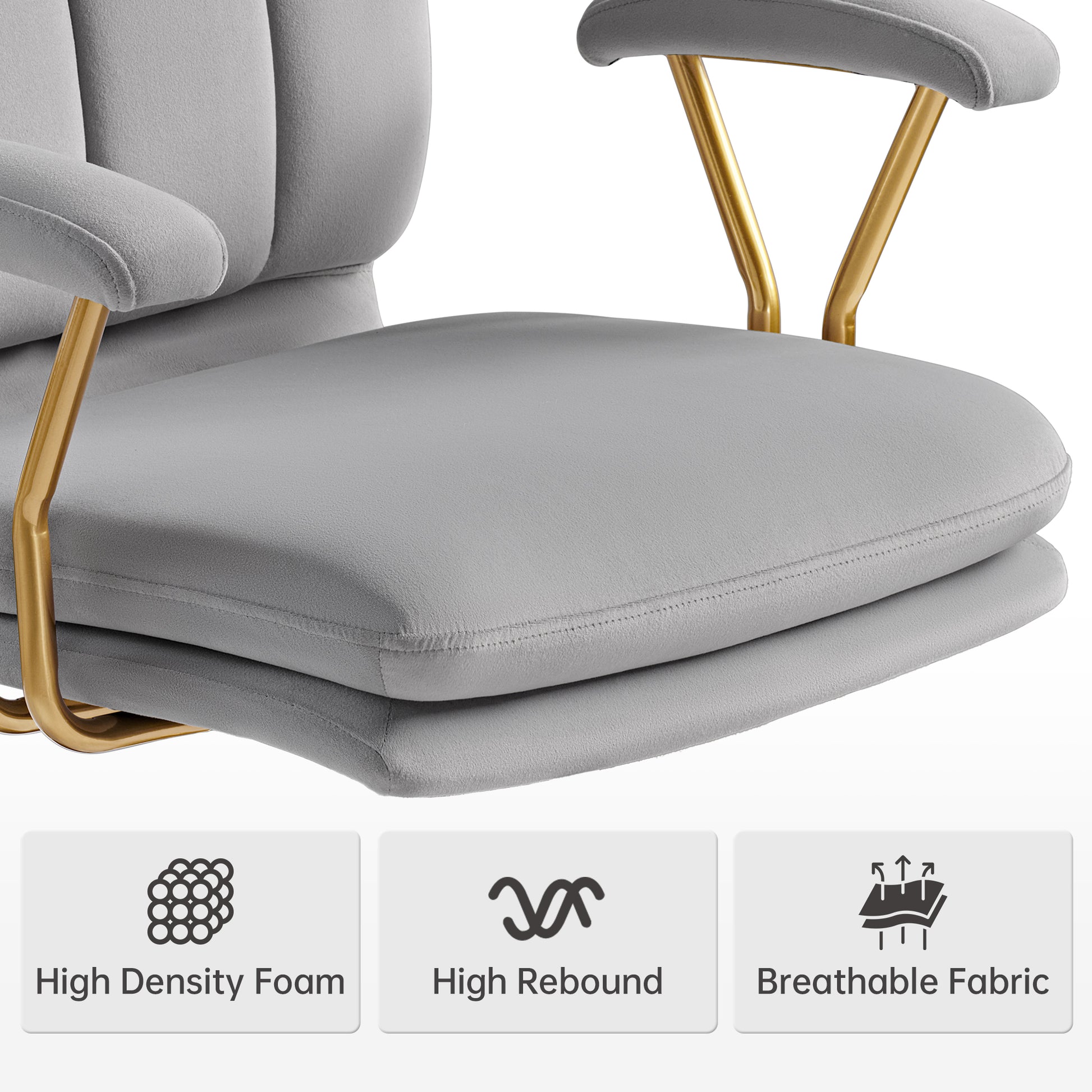 Gray Adena Velvet Office Chair With Gold Base, High-Density Foam, High Rebound, Breathable Fabric.