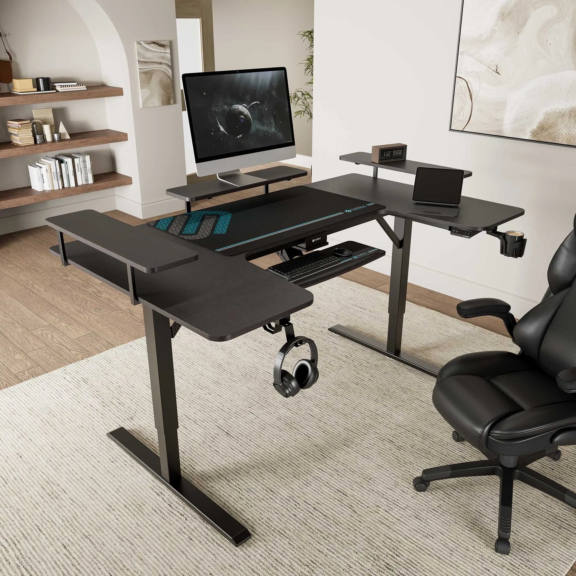 Eureka Ergonomic 74 U-Shaped Standing Desk in Black With Accessories, Ergonomic Workspace Setup.