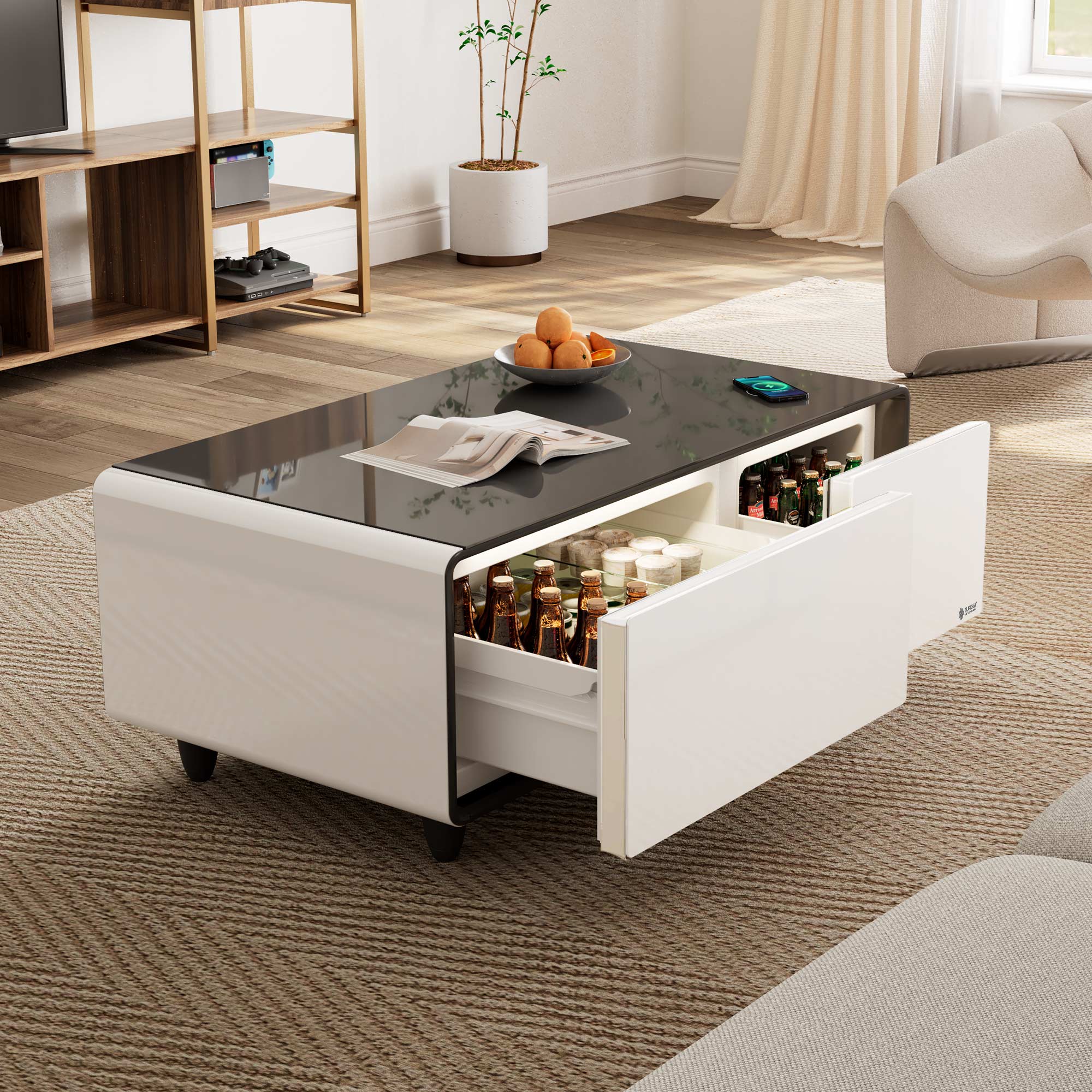 Eureka smart coffee table with fridge charging station for living room