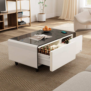 41 inch Smart Fridge Coffee Table with Bluetooth Speakers, lifestyle in minimalist Livingroom