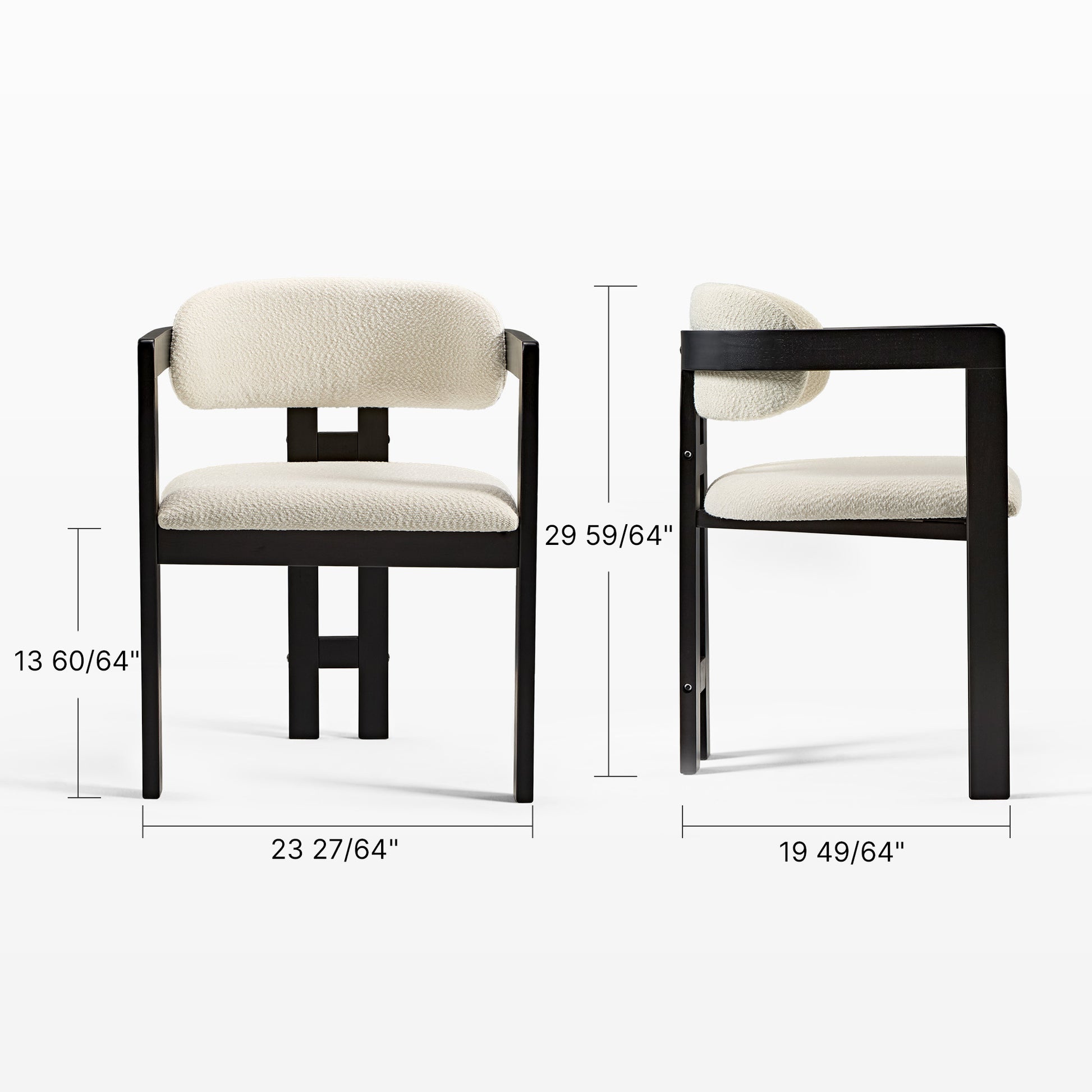 Eureka Ergonomic Elle dining chair in ivory bouclé with matte black frame, front and side views with dimensions, mid-century modern style.