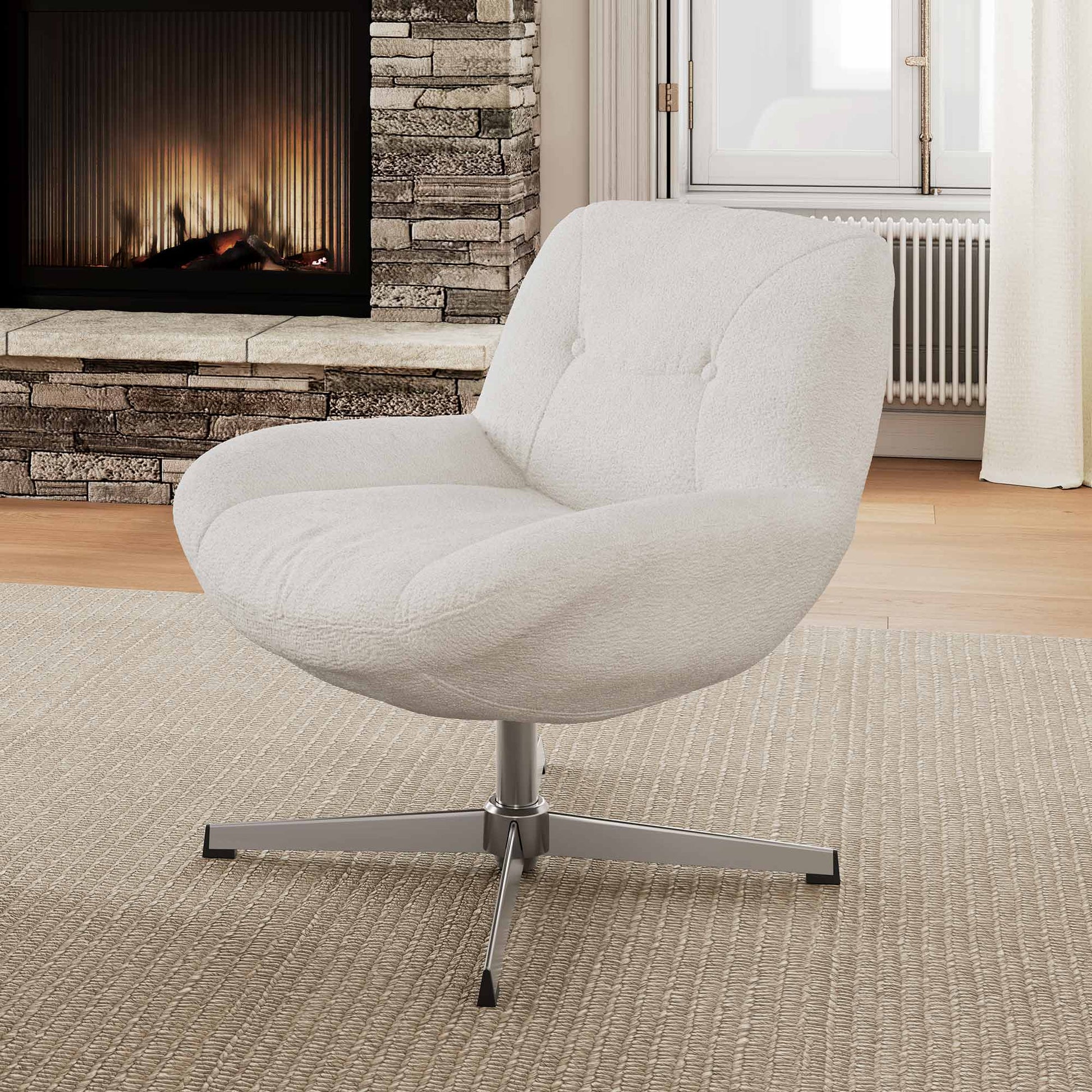 Eureka Ergonomic Henry Chenille Swivel Lounge Chair in Off-White, 360° Rotation, Modern Design, in Front of Fireplace.