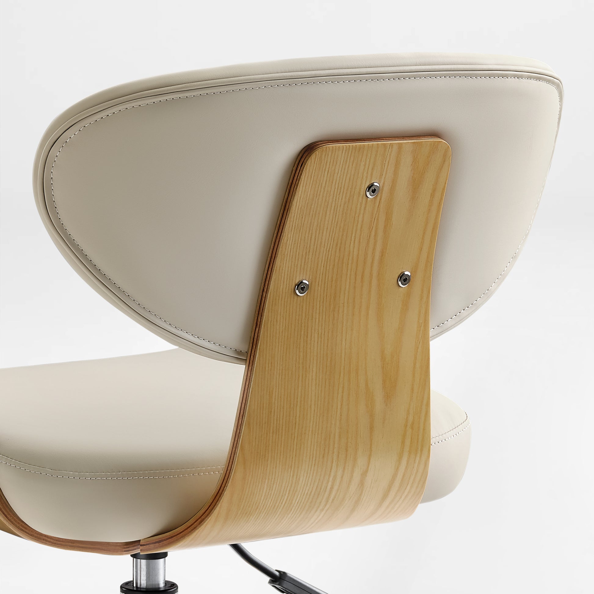 Eureka Ergonomic Cream faux leather office chair back with light wood veneer shell showcasing stitching and wood grain detail.
