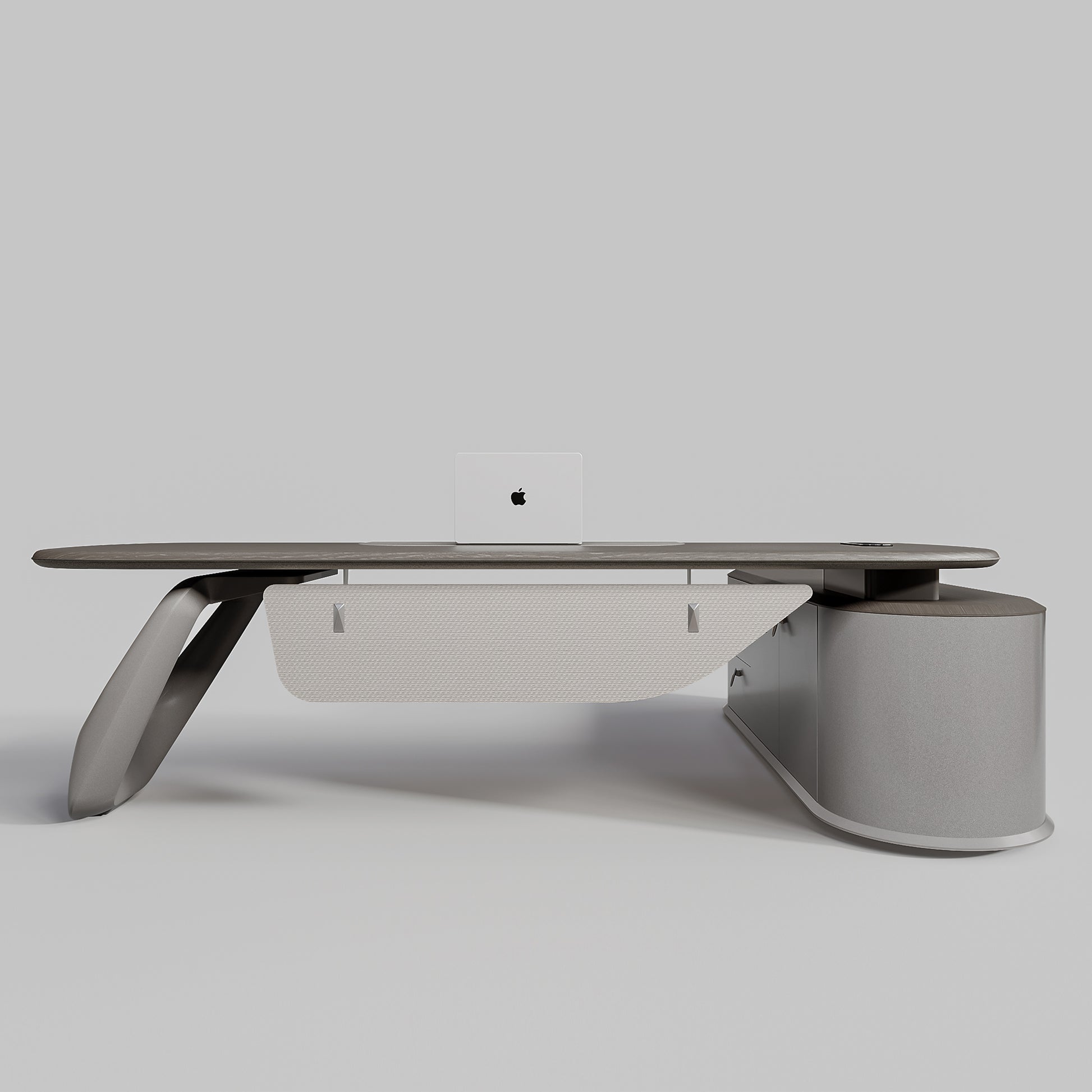 Eureka Ergonomic Zen Orion executive desk with elliptical wood-grain top, curved metallic legs, textured panel, and rounded storage cabinet.