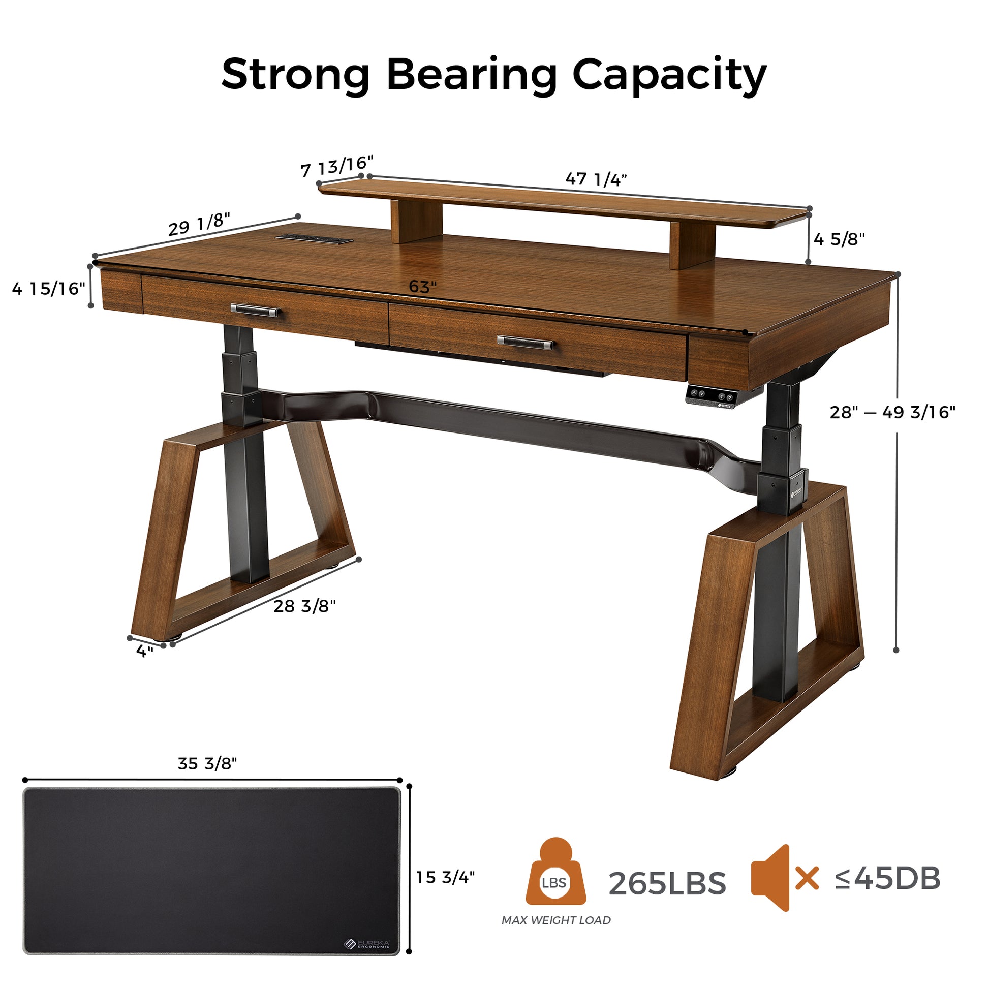 Ark Executive Standing Desk, Walnut Finish, Strong Bearing Capacity, Dimensions, and Weight Specifications.