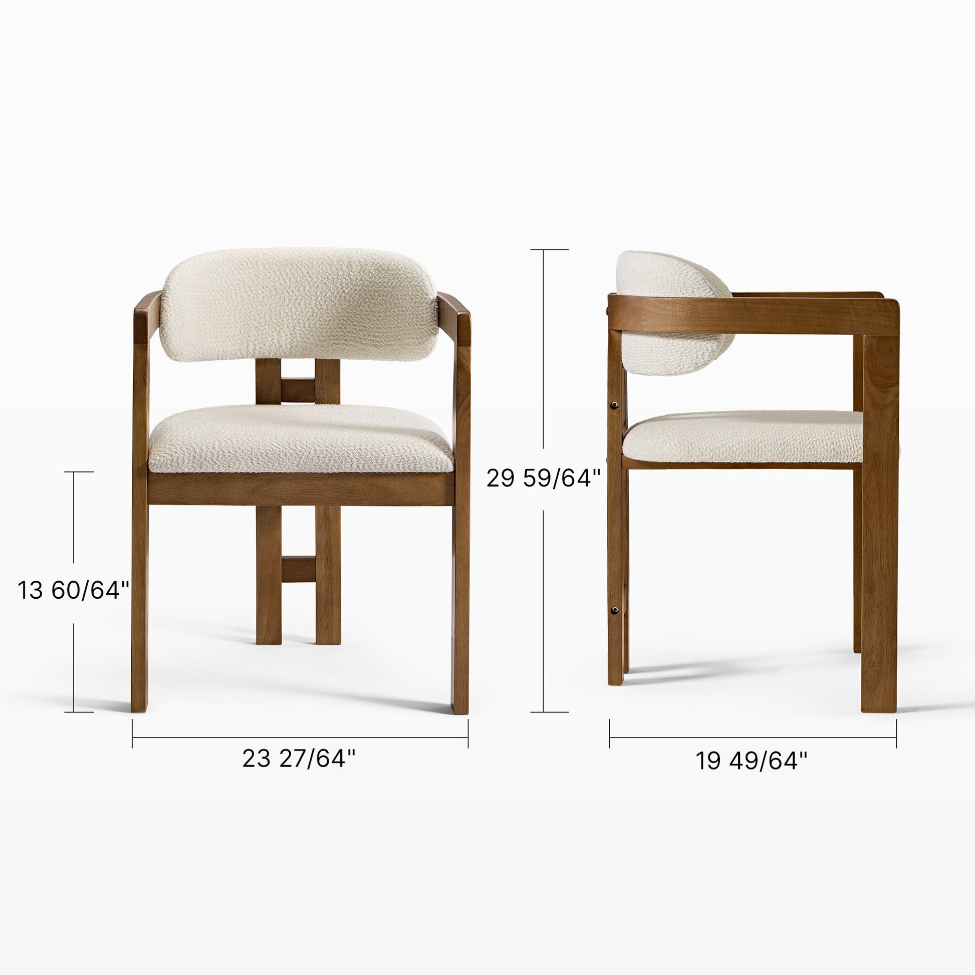 Eureka Ergonomic Elle Boucle Dining Chair in ivory with walnut wood frame, front and side views with dimensions, mid-century modern style.