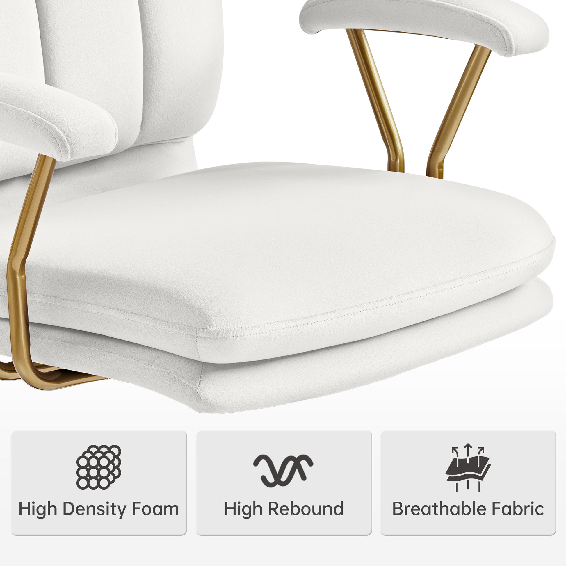 Adena Velvet Office Chair - White Velvet, Gold Frame, High Density Foam, High Rebound, and Breathable Fabric.
