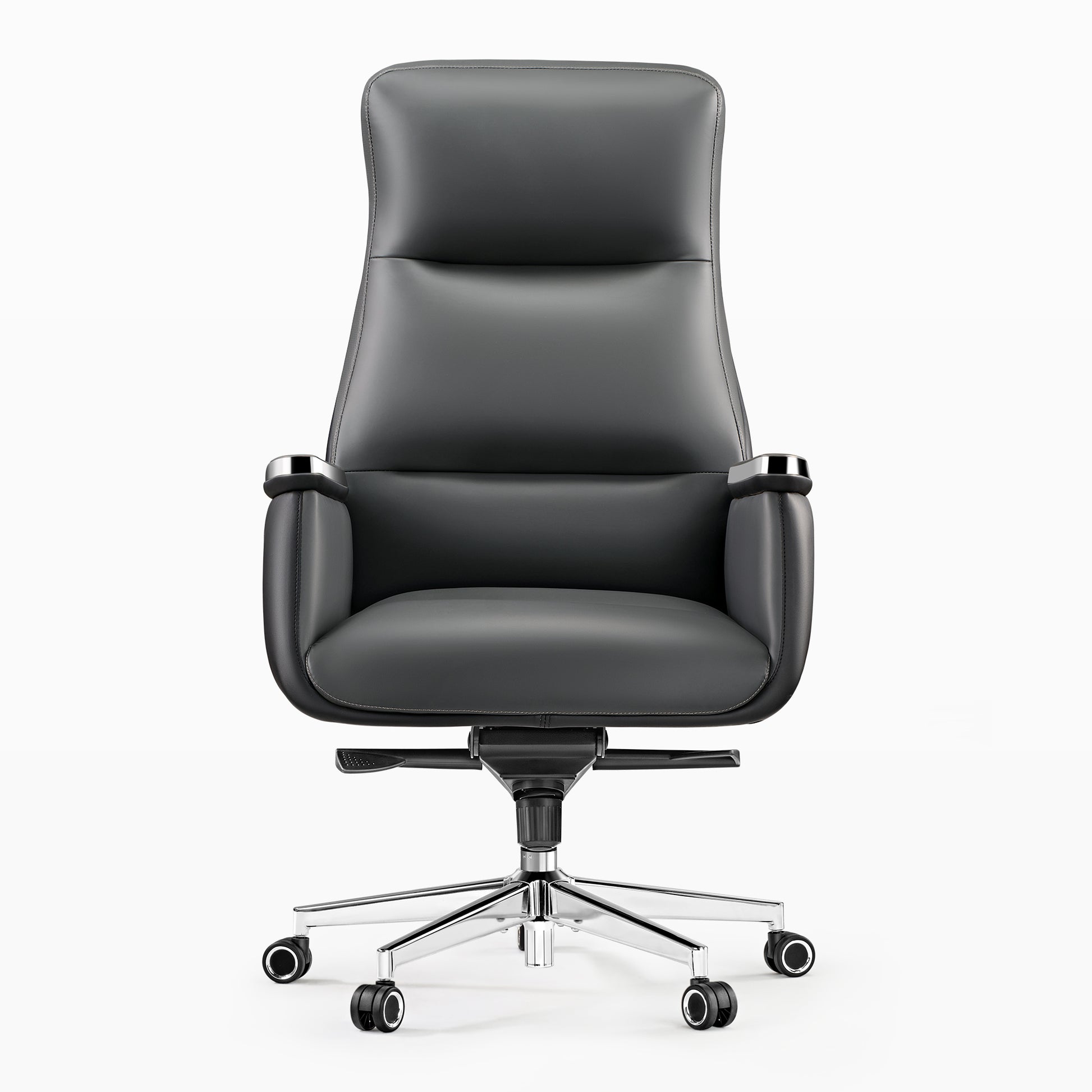 Royal II Executive Ergonomic Office Chair - Black Leather, Ergonomic Design, and Silver Trim Accents.