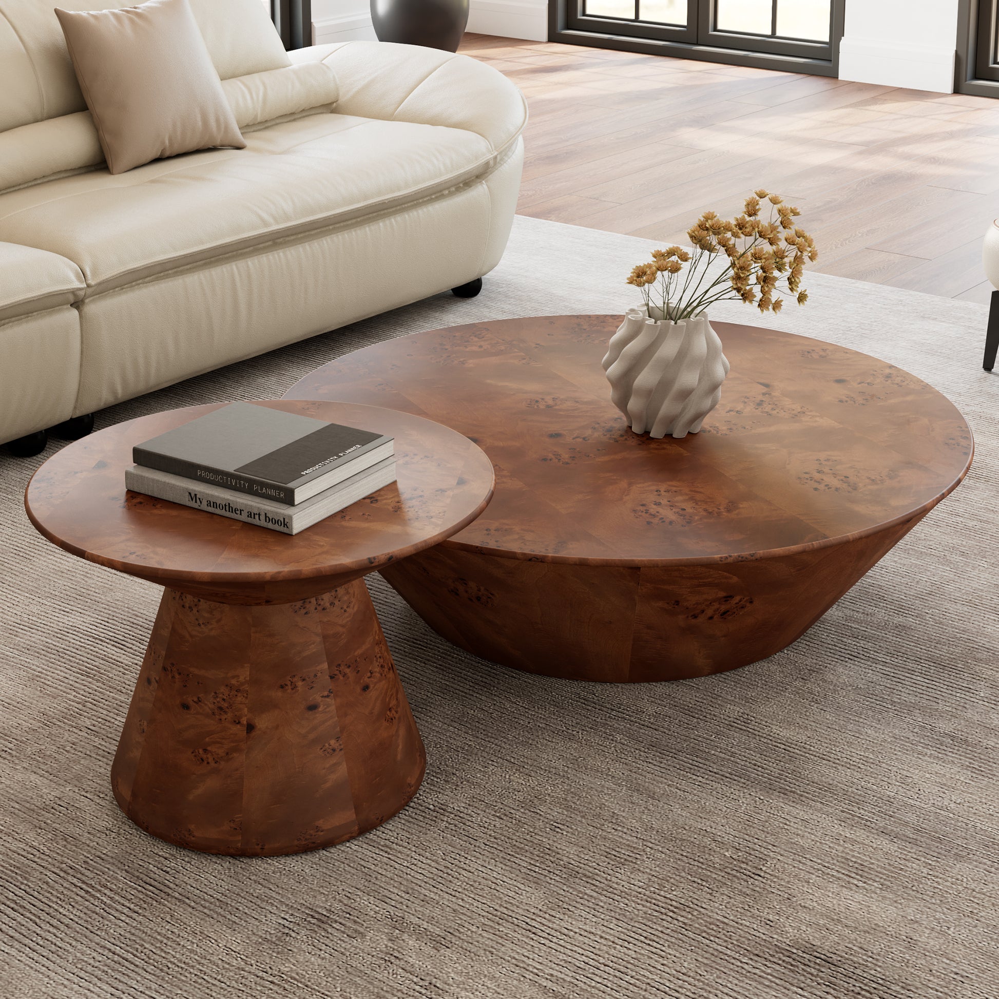 43 Brown Round Coffee Table Set, Wooden Veneer Coffee Tables With Books and Vase.