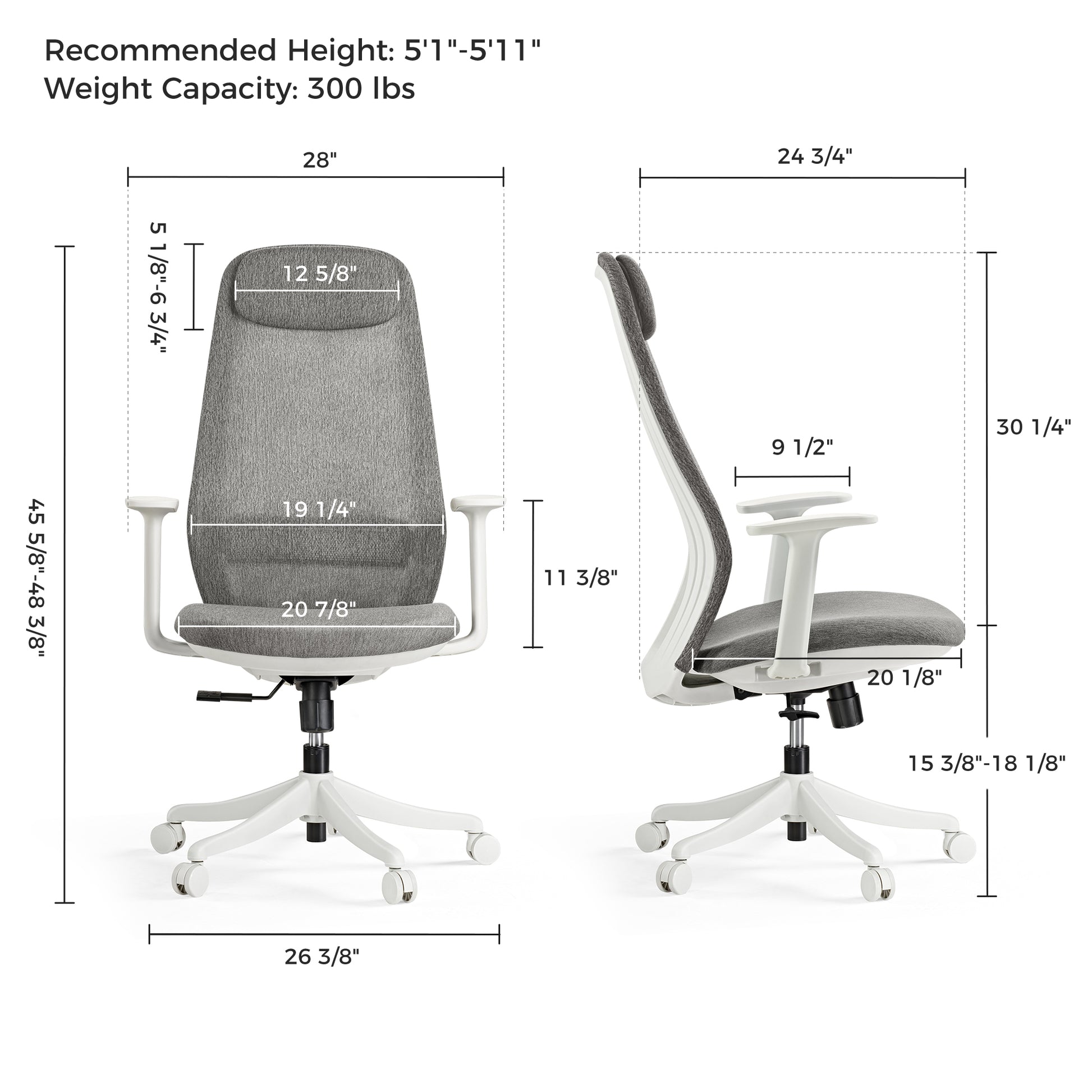 Skylar-Lite Duo Hue Ergonomic Office Chair, Gray Woven Fabric, White Frame With Measurements.