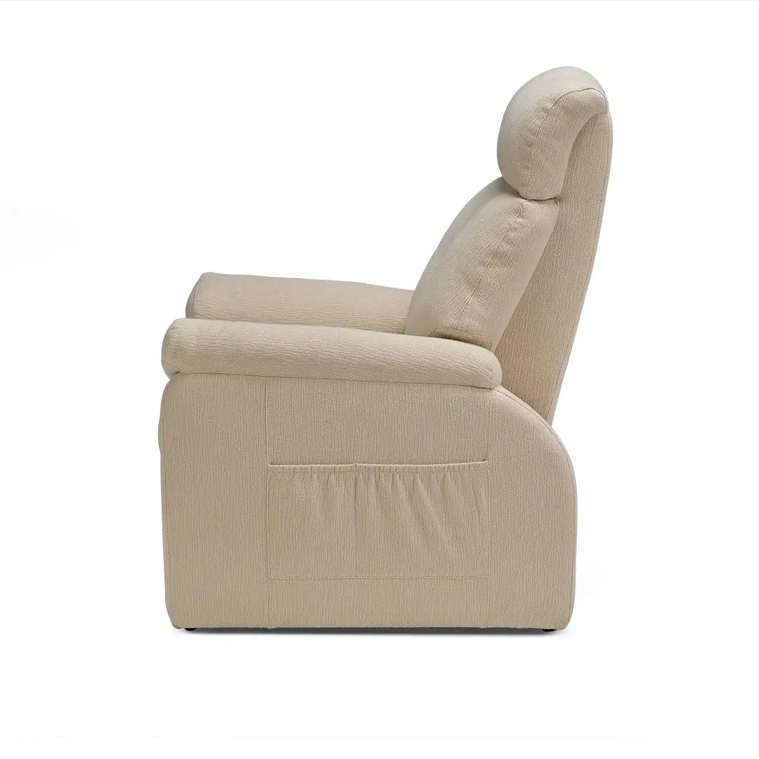 Beige Henry-Armrest Zero Gravity Recliner Chair, Cotton-Linen Fabric, Side View With Pocket Detail.