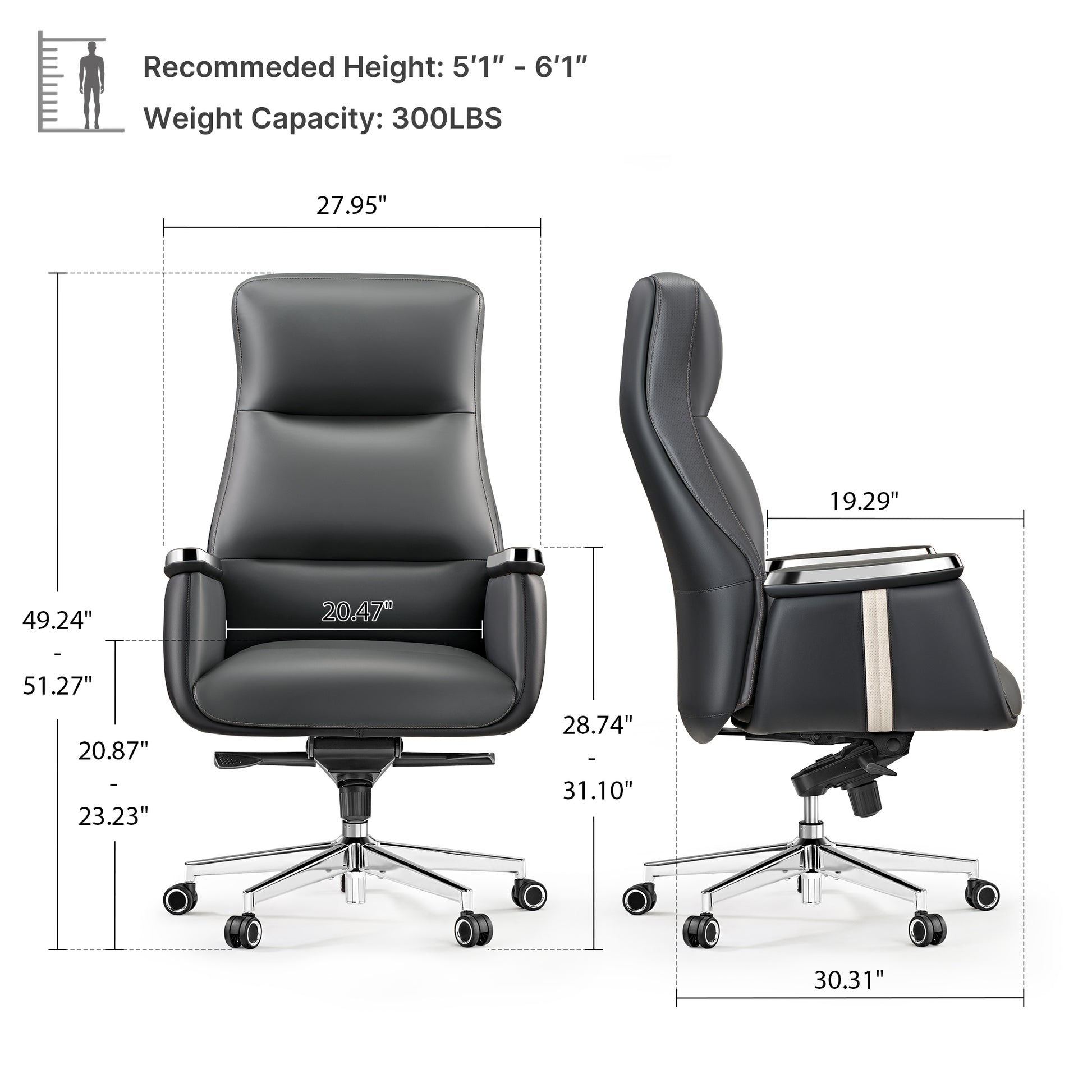 Royal II Executive Ergonomic Office Chair Dimensions in Black Leather, Ergonomic Design, and Silver Accents.