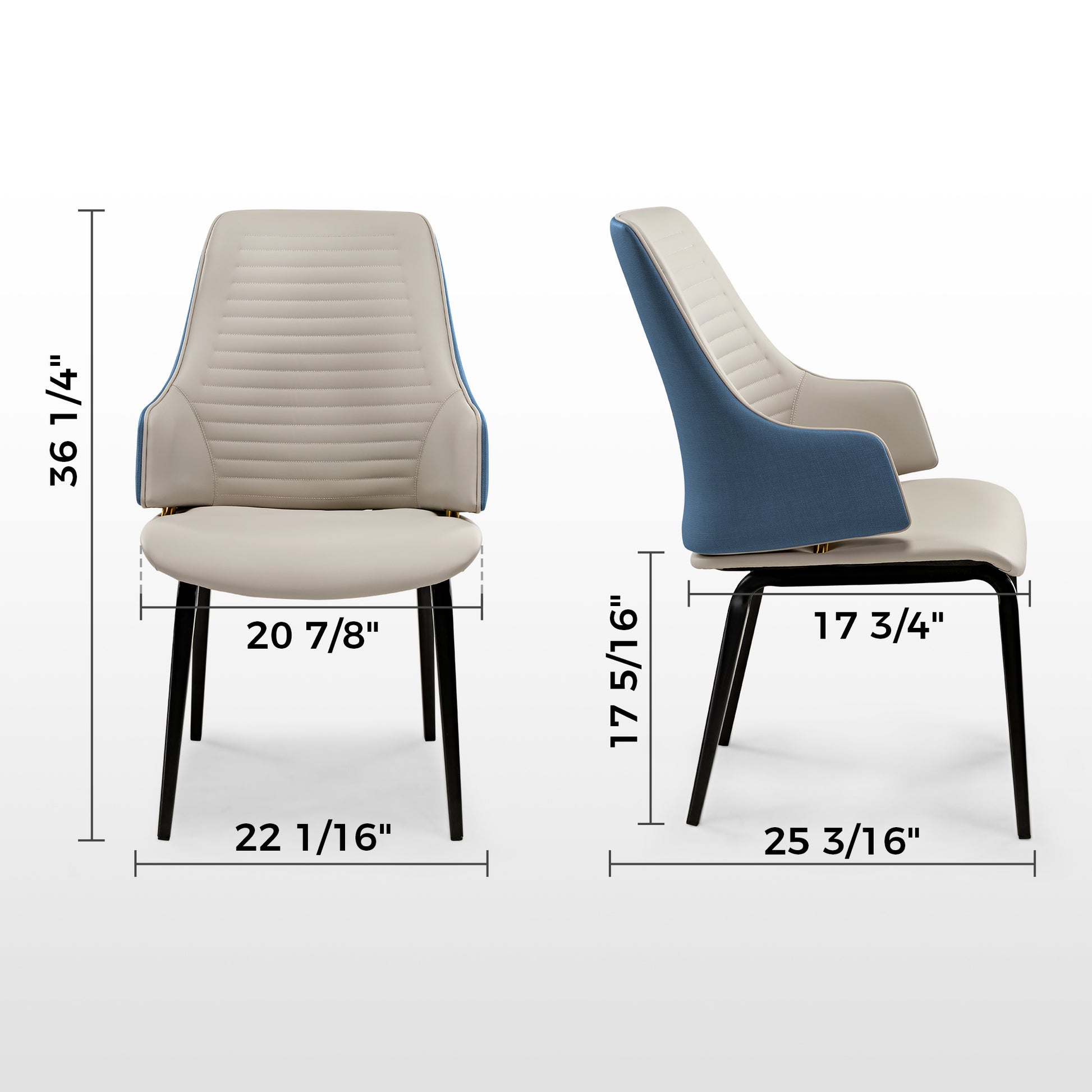 Juliet Dining Armchair, Cream Seat & Blue Accents, Black Legs, Dimensions Visible. Modern Dining Room Chair.