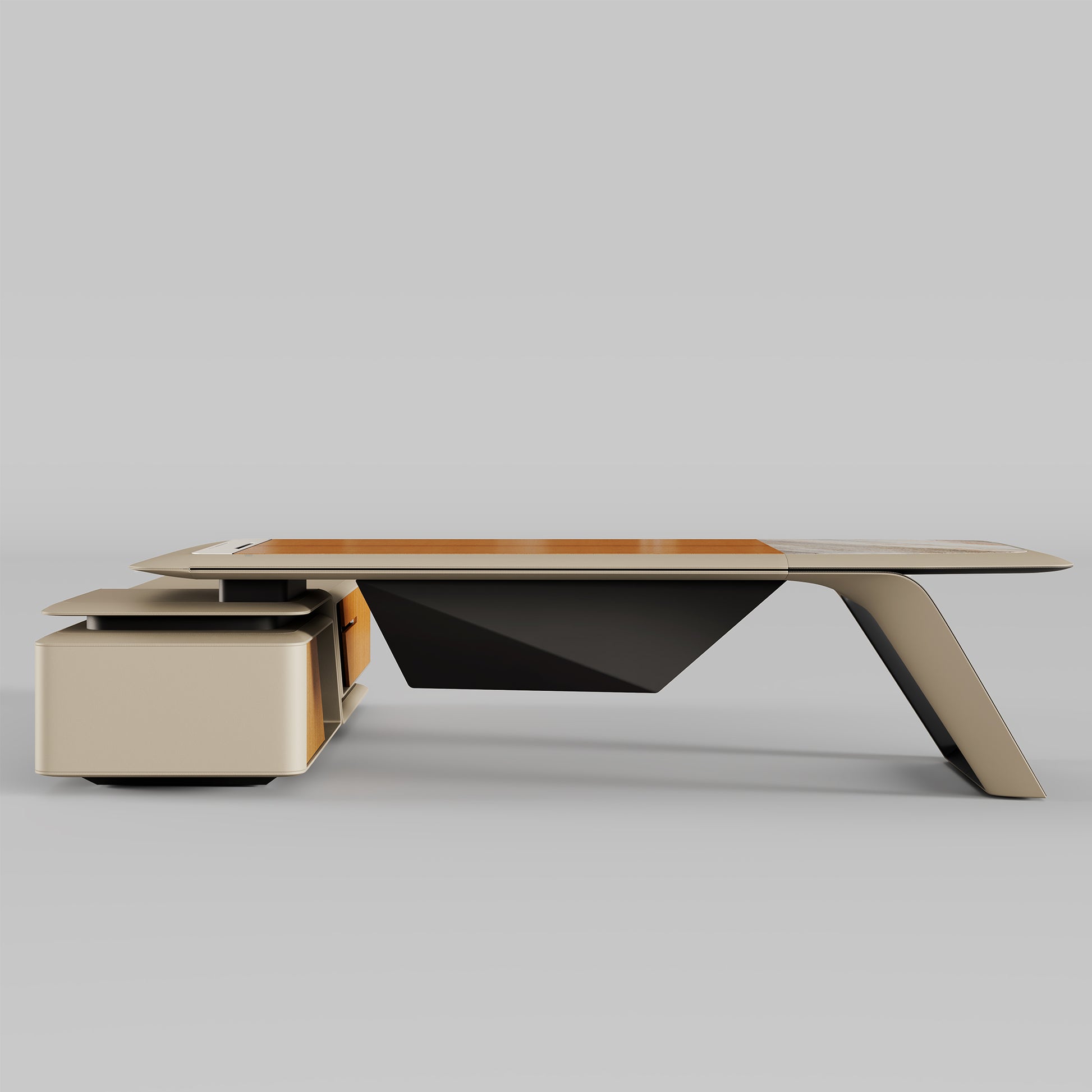 Eureka Ergonomic Zen Lunar executive desk, dual-tone wood and marble top, matte black base, beige storage unit.