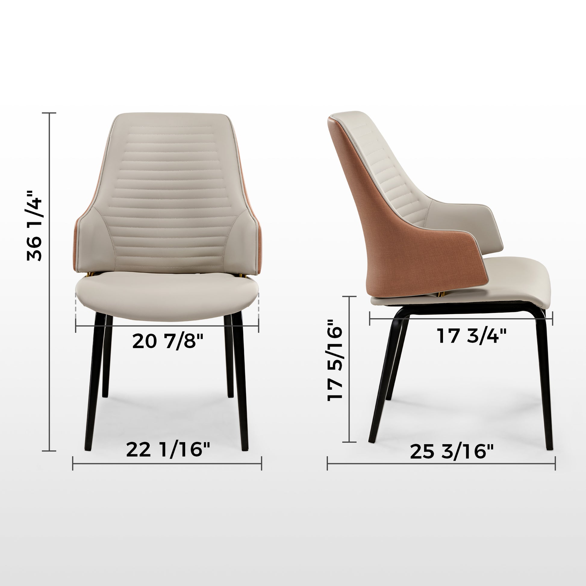 Juliet Dining Armchairs Set of 2. Brown and Blue Upholstered Armrests, Cream Seat, Black Legs. Dimensions Included.